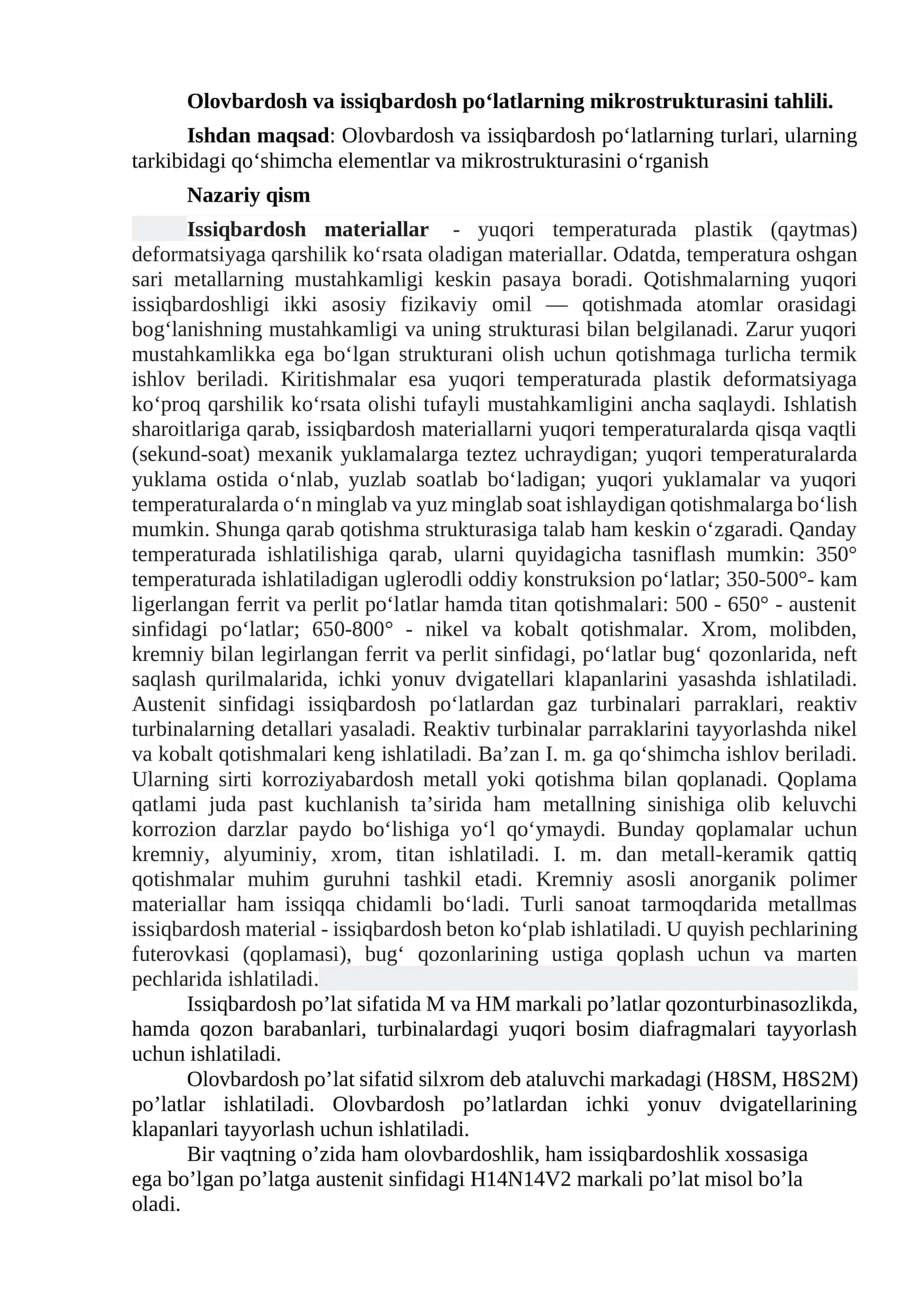 Olovbardosh va issiqbardosh po‘latlarning mikrostrukturasini tahlili 1