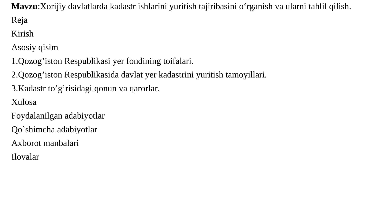 Xorijiy davlatlarda kadastr ishlarini yuritish tajiribasini o‘rganish va ularni tahlil qilish 1