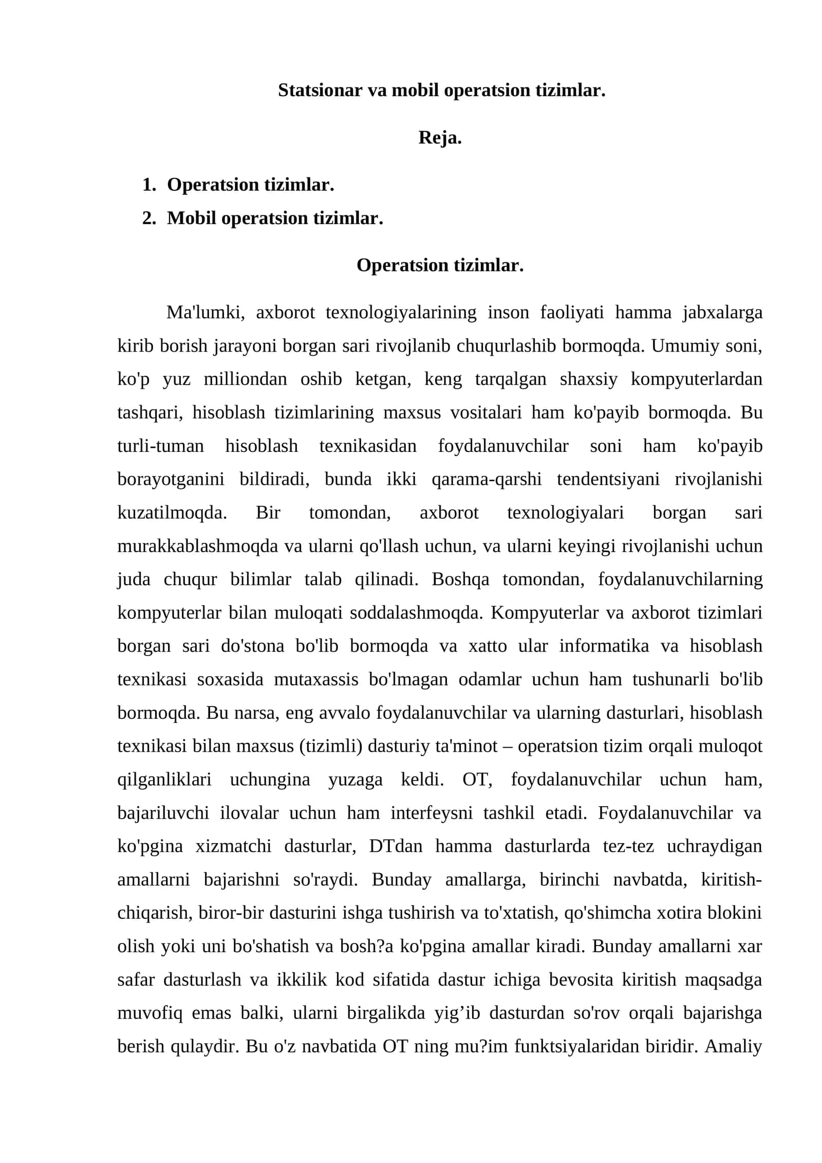 Statsionar va mobil operatsion tizimlar 1