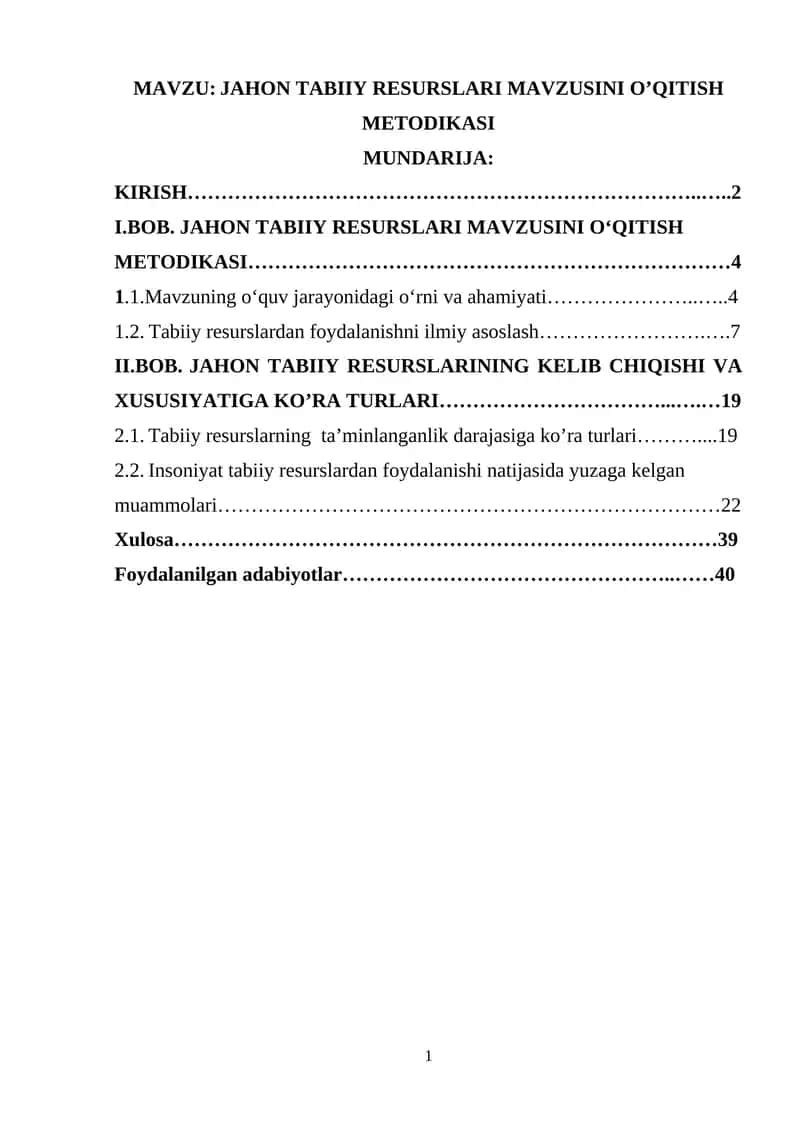 JAHON TABIIY RESURSLARI MAVZUSINI O’QITISH METODIKASI 1