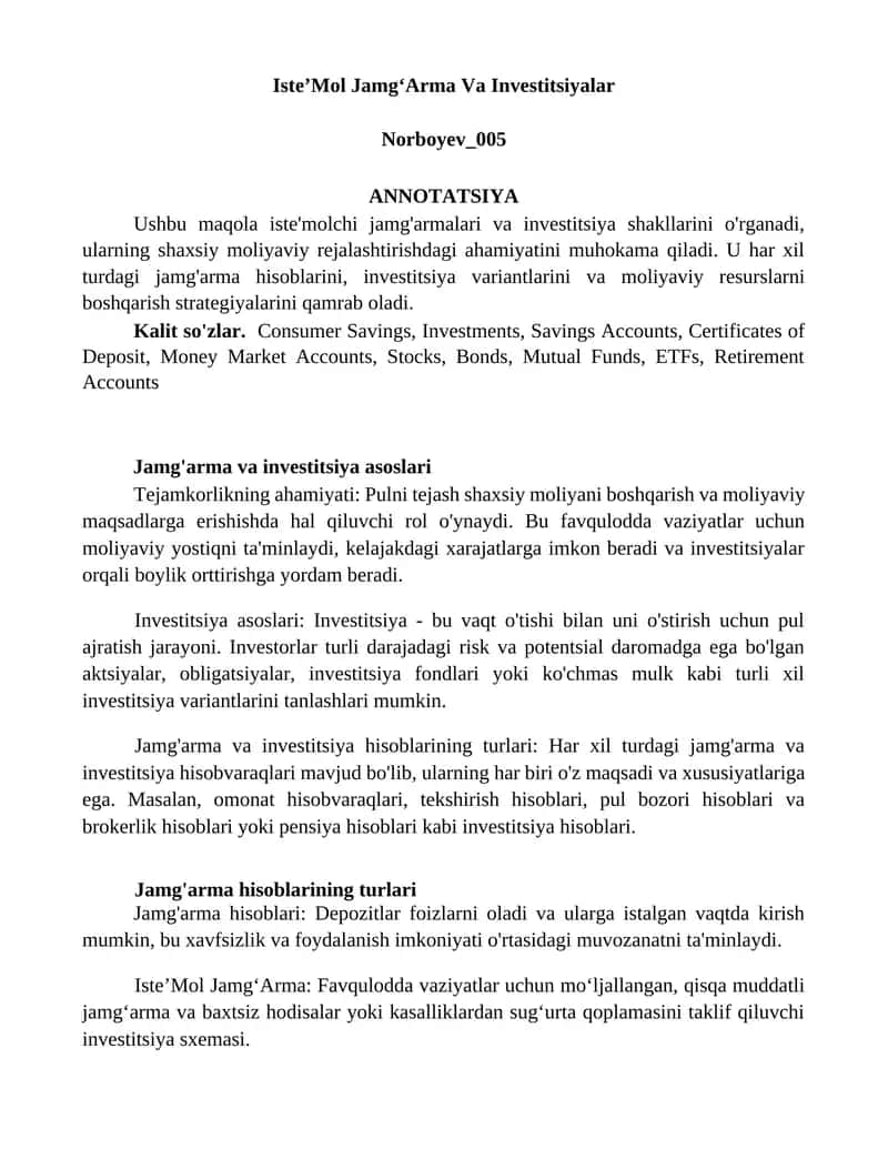 IsteʼMol JamgʻArma Va Investitsiyalar 1