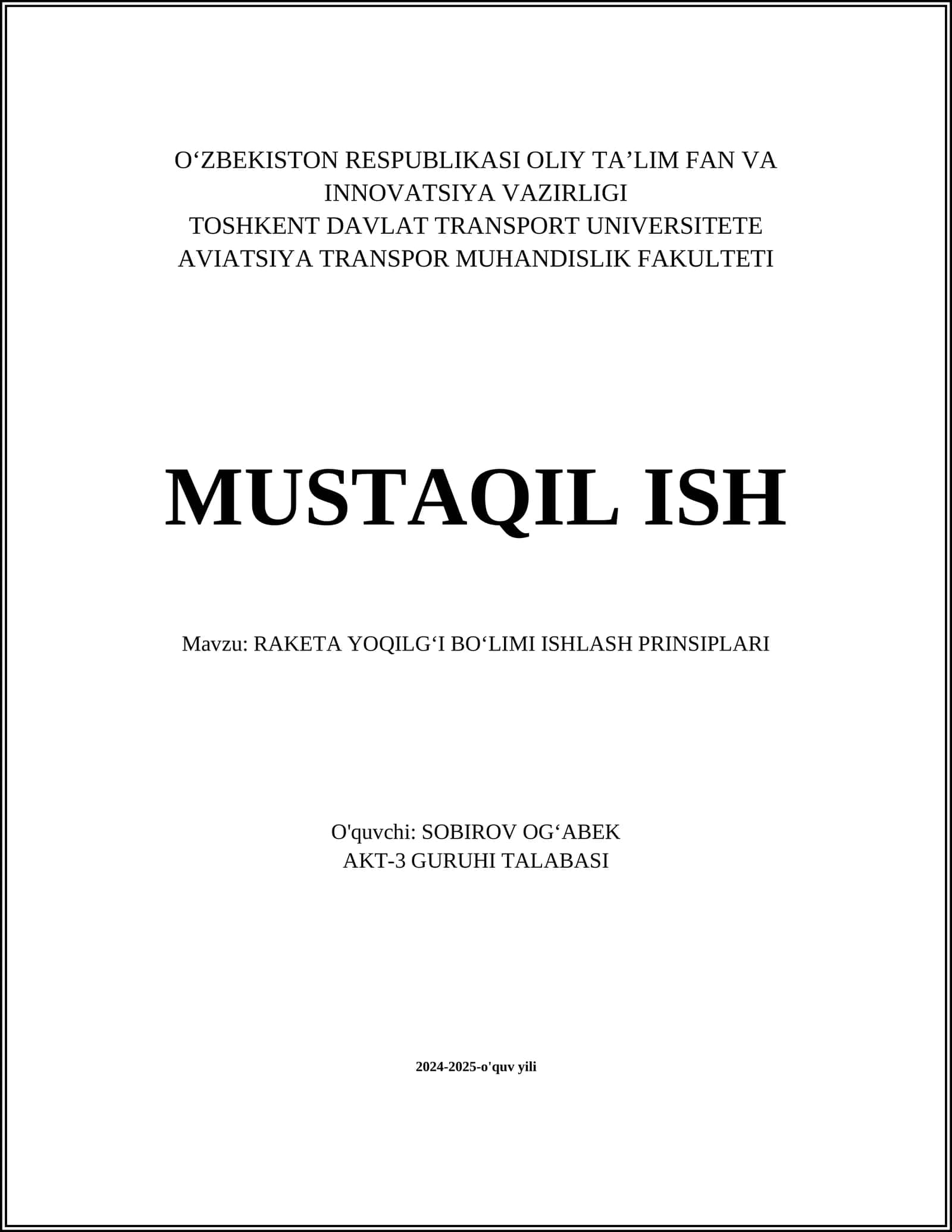 RAKETA YOQILGʻI BOʻLIMI ISHLASH PRINSIPLARI 1