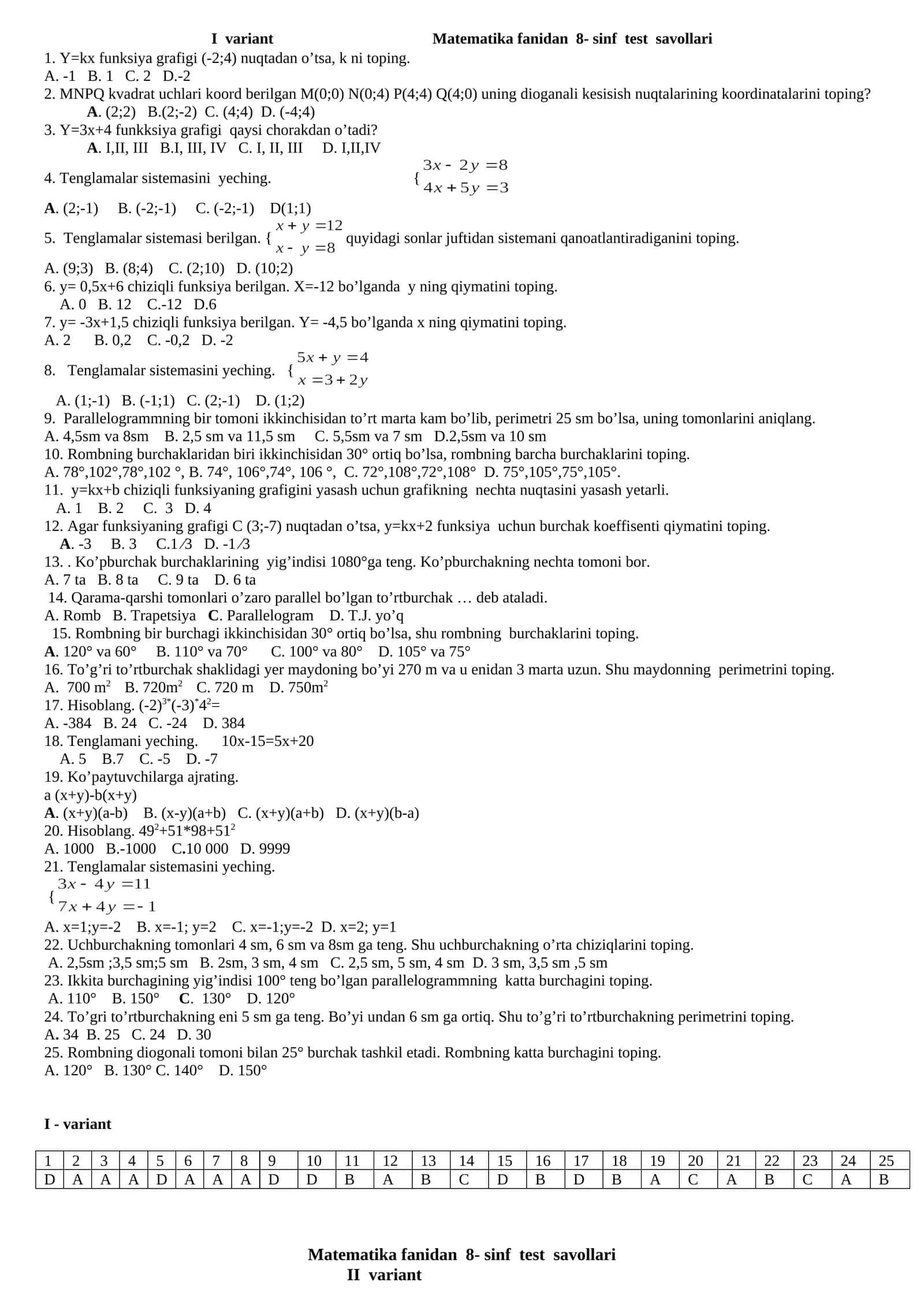 Matematika fanidan 8- sinf test savollari 1