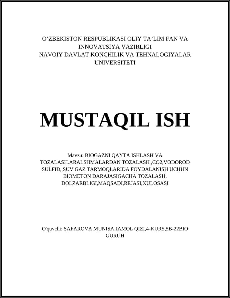 BIOGAZNI QAYTA ISHLASH VA TOZALASH 1