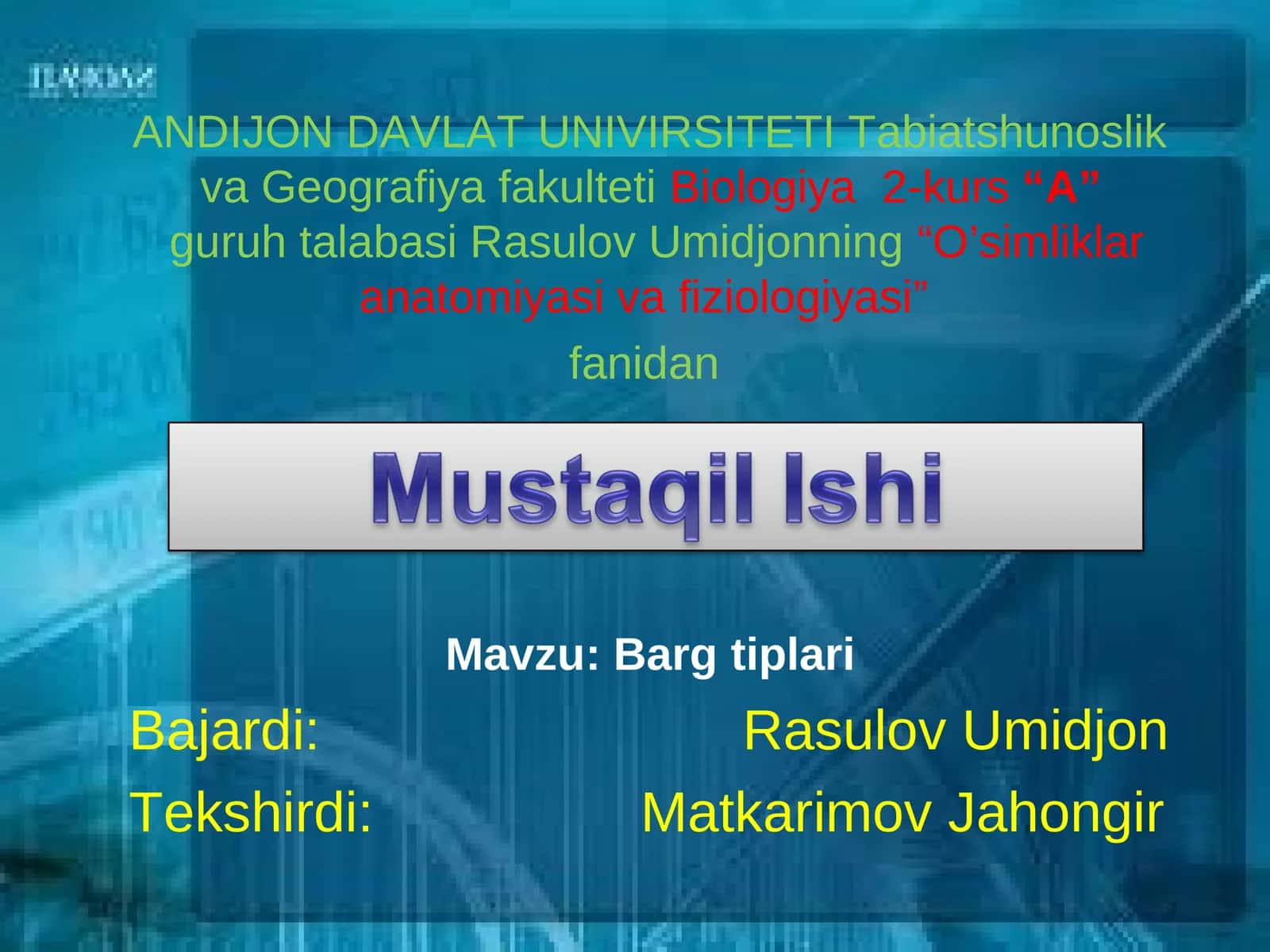 O’simliklar anatomiyasi va fiziologiyasi 1