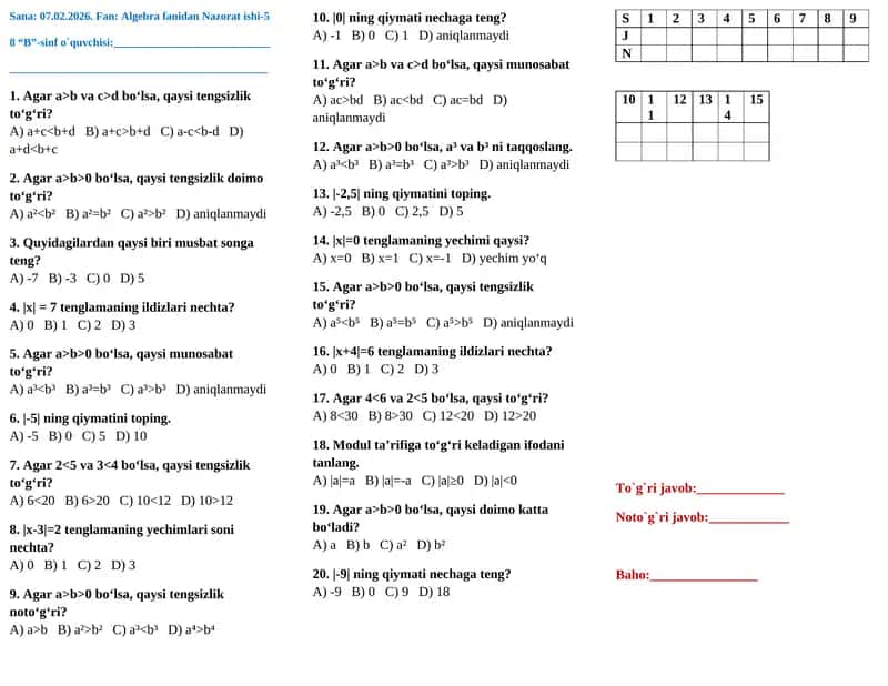 Algebra fanidan Nazorat ishi-5 1