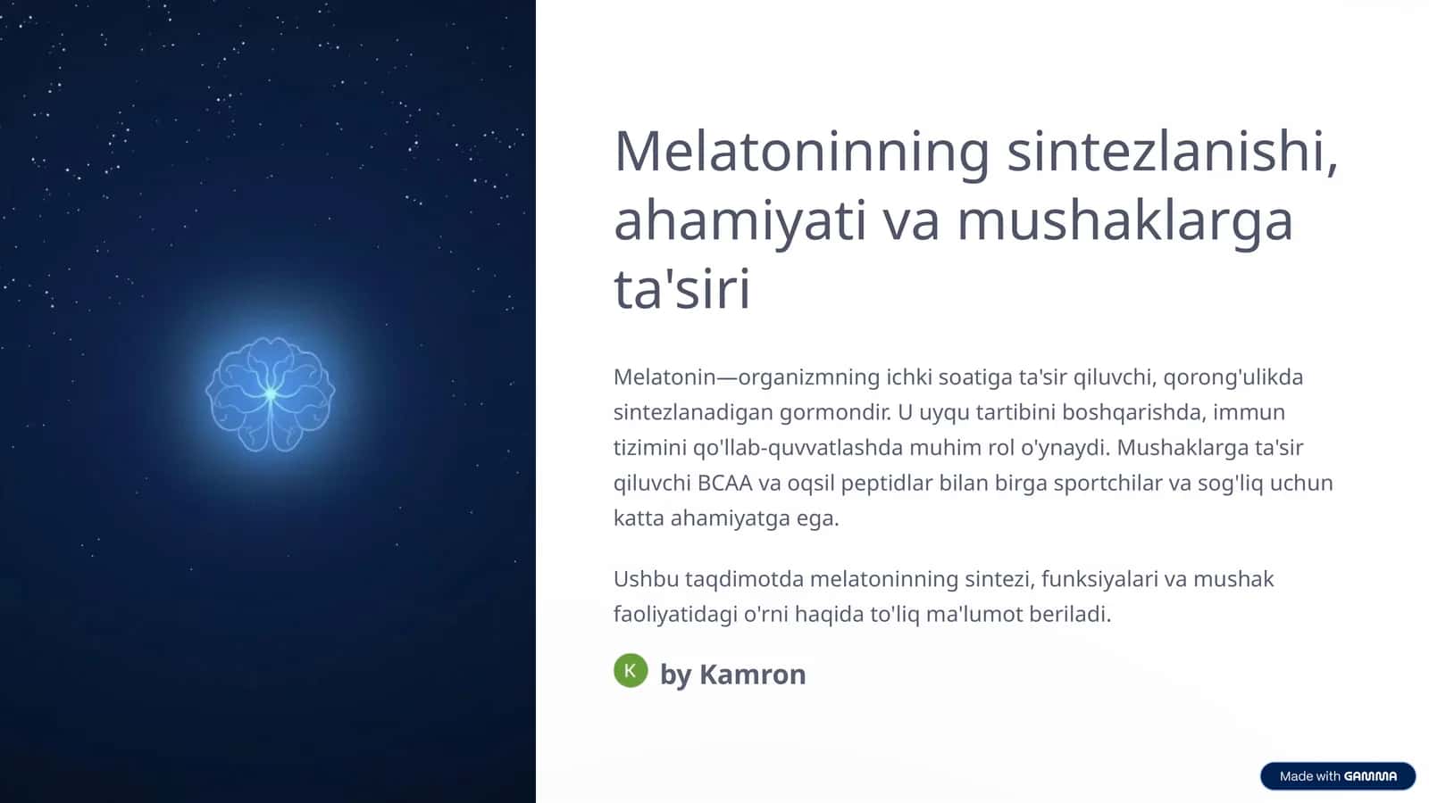 Melatoninning sintezlanishi, ahamiyati va mushaklarga ta'siri 1