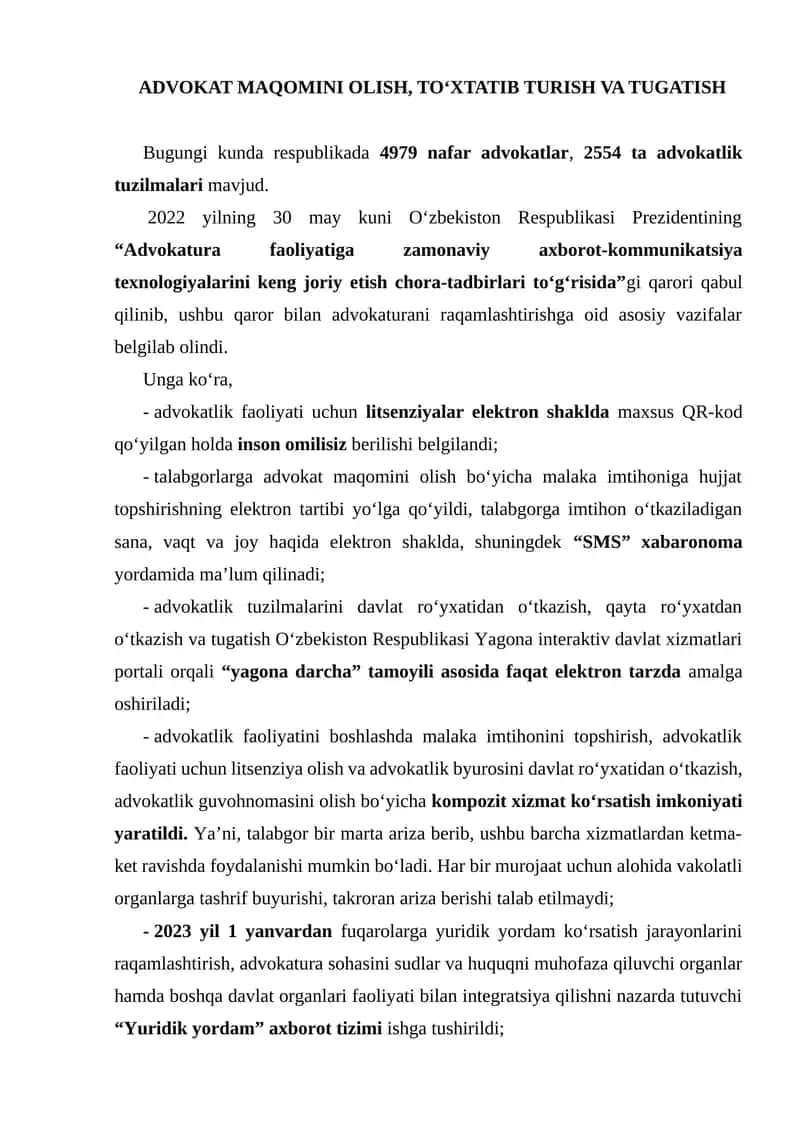 ADVOKAT MAQOMINI OLISH, TO‘XTATIB TURISH VA TUGATISH 1