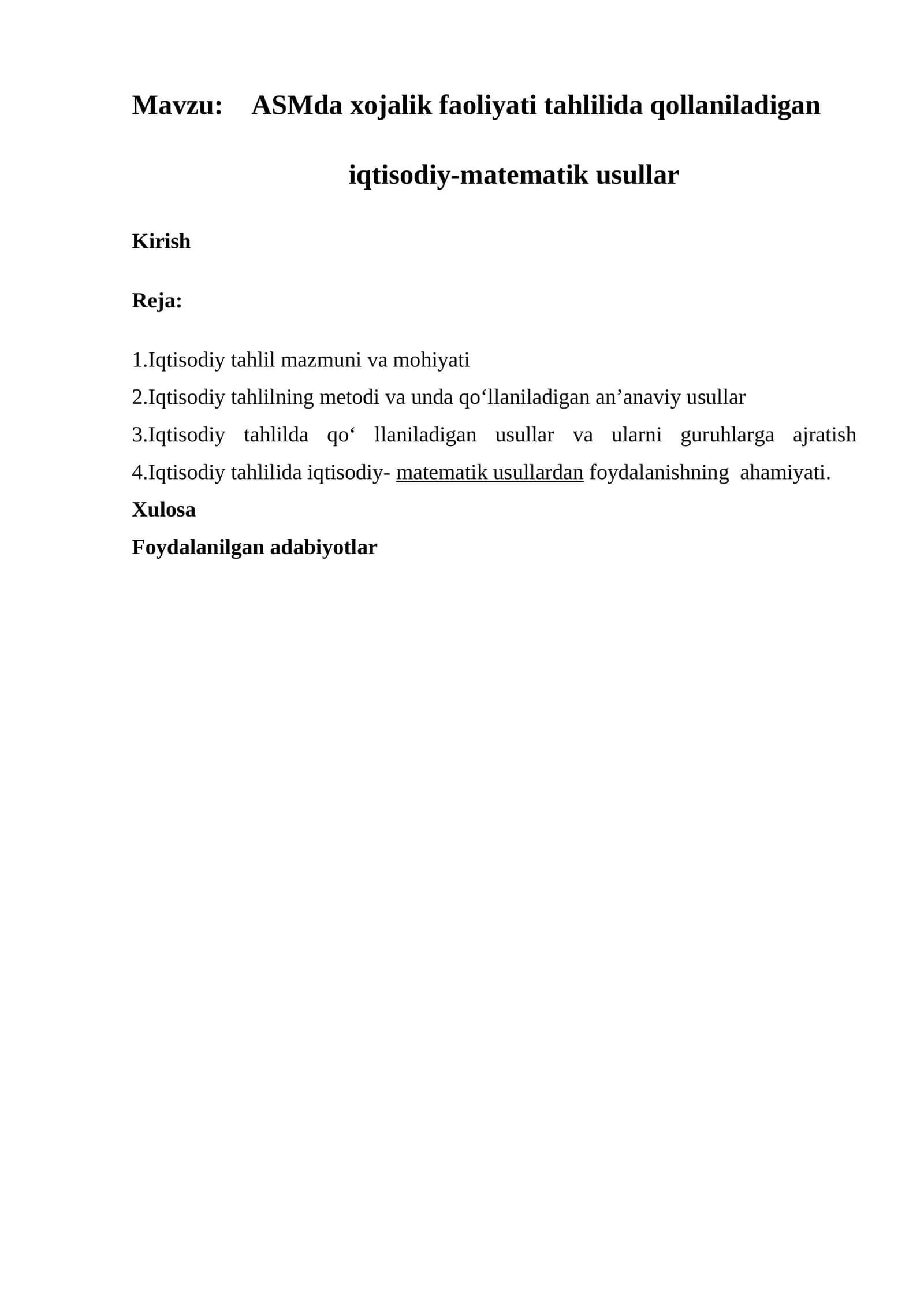 ASMda xojalik faoliyati tahlilida qollaniladigan iqtisodiy-matematik usullar 1