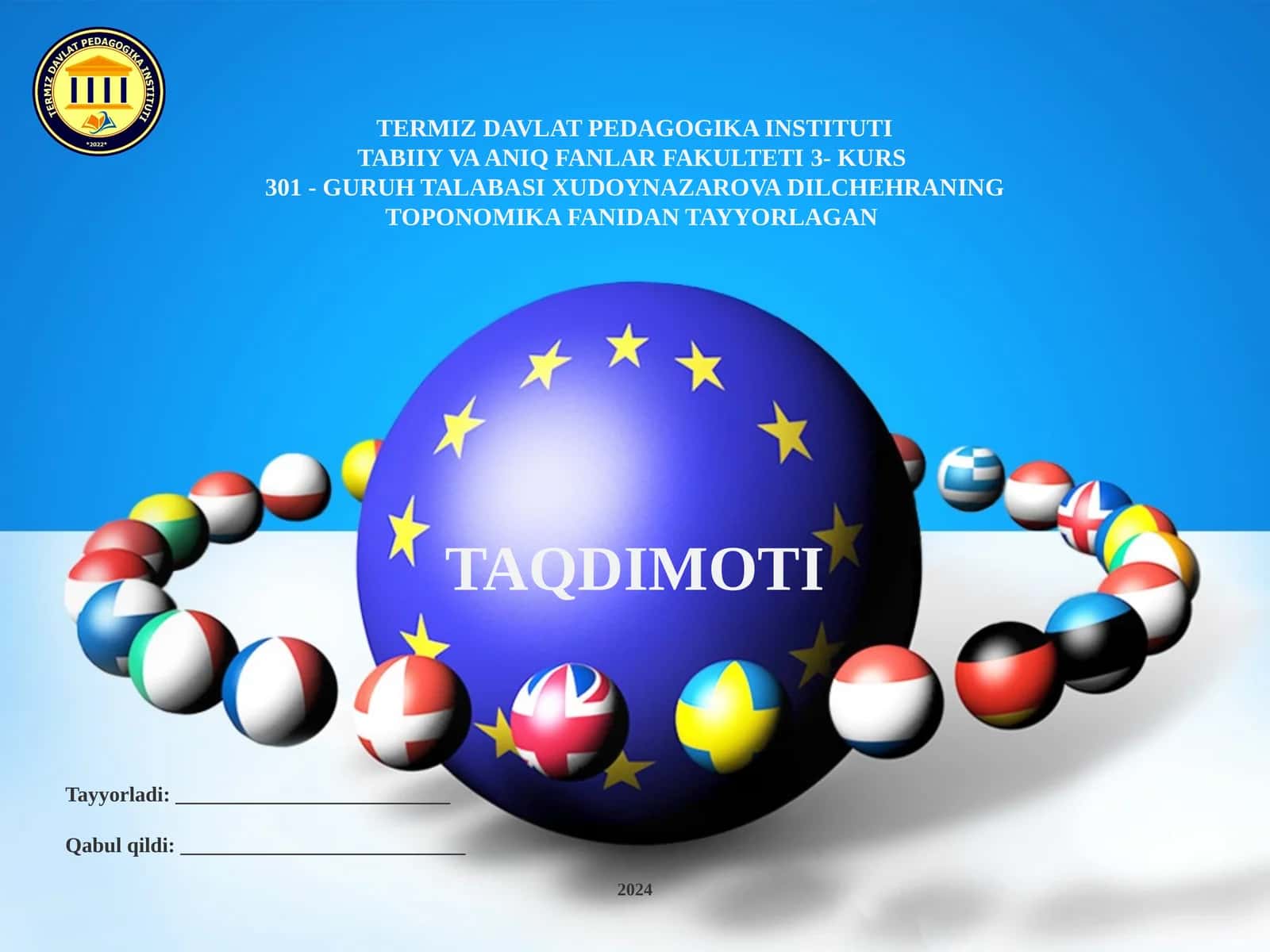 GURUH TALABASIXUDOYNAZAROVA DILCHEHRANING TOPONOMIKA FANIDAN TAYYORLAGAN TAQDIMOTI 1