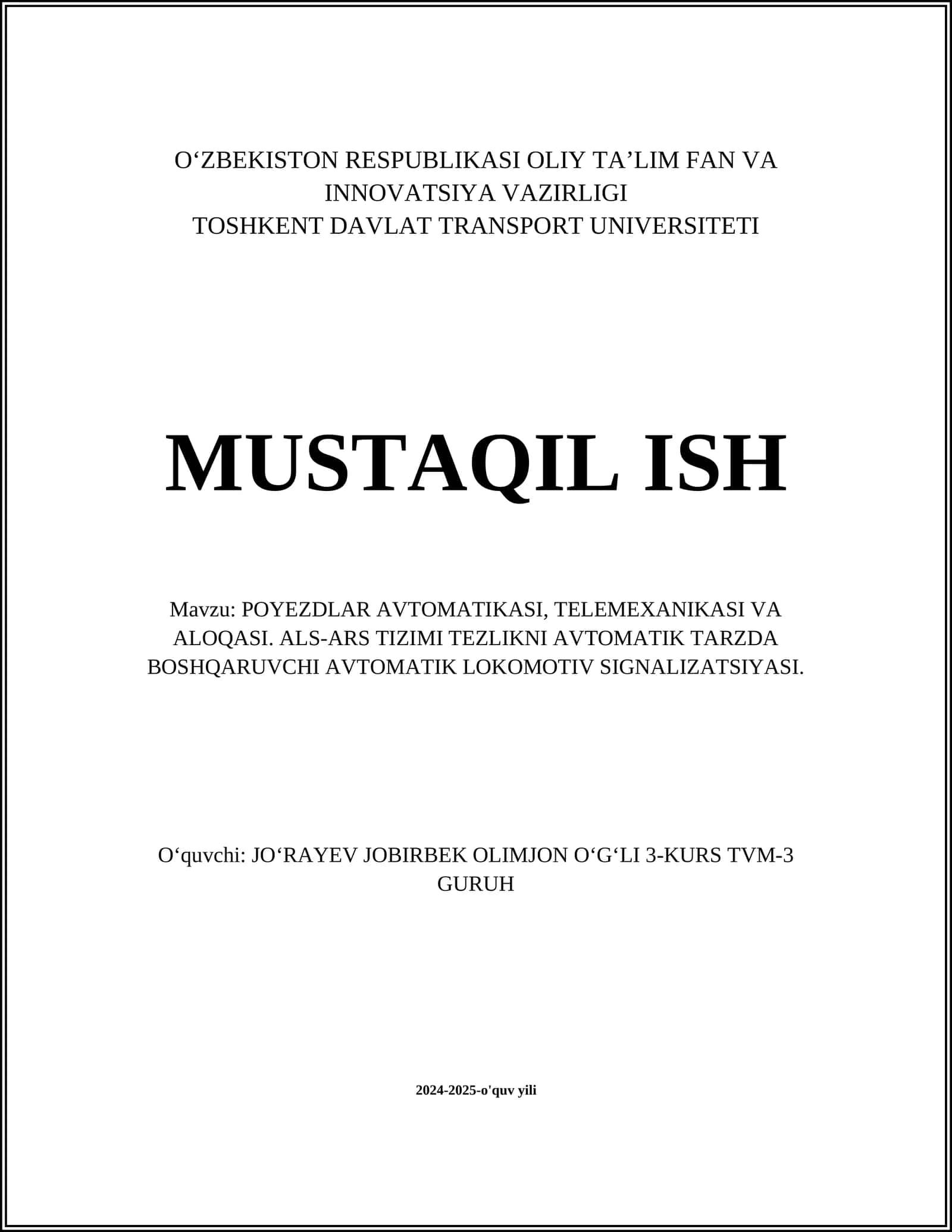 POYEZDLAR AVTOMATIKASI, TELEMEXANIKASI VA ALOQASI. ALS-ARS TIZIMI TEZLIKNI AVTOMATIK TARZDA BOSHQARUVCHI AVTOMATIK LOKOMOTIV SIGNALIZATSIYASI 1