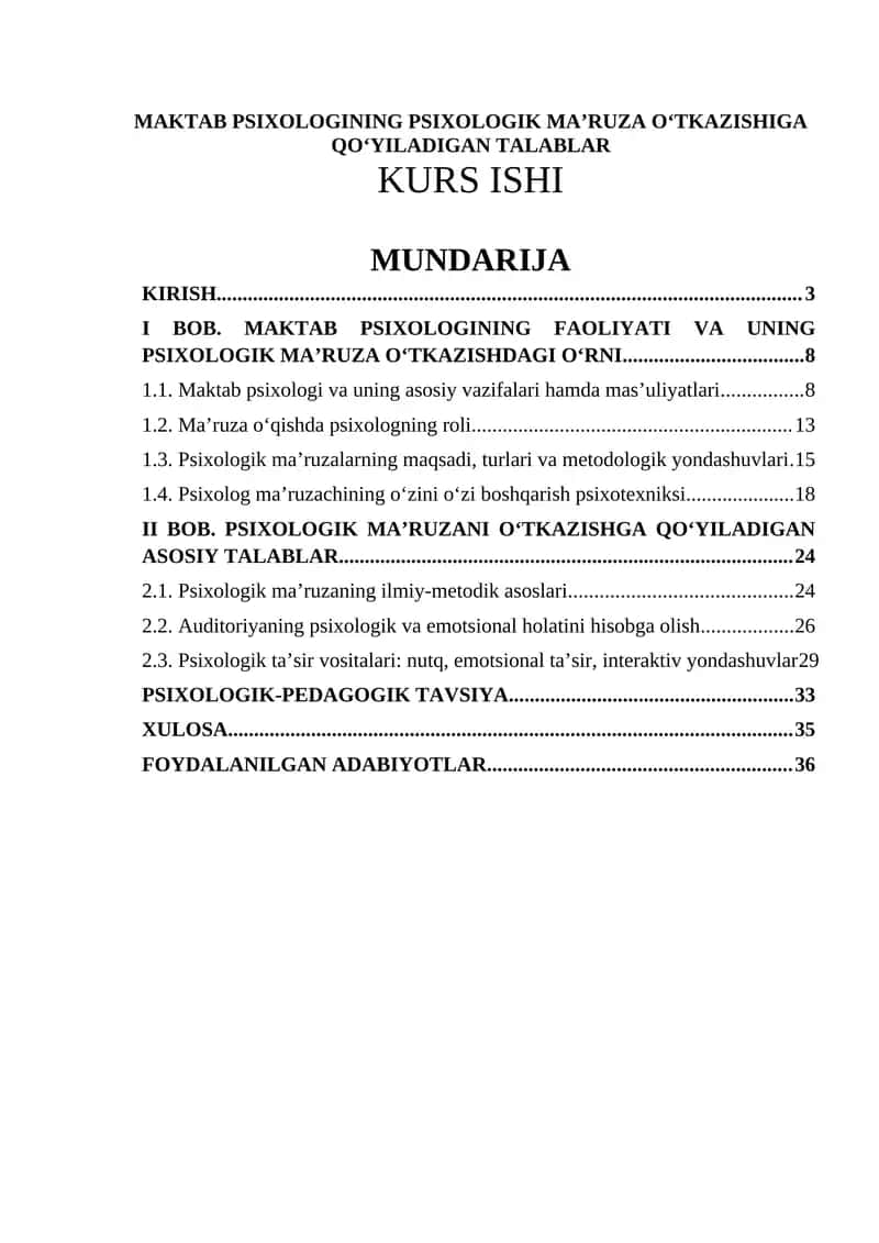 MAKTAB PSIXOLOGINING PSIXOLOGIK MAʼRUZA OʻTKAZISHIGA QOʻYILADIGAN TALABLAR KURS ISHI 1