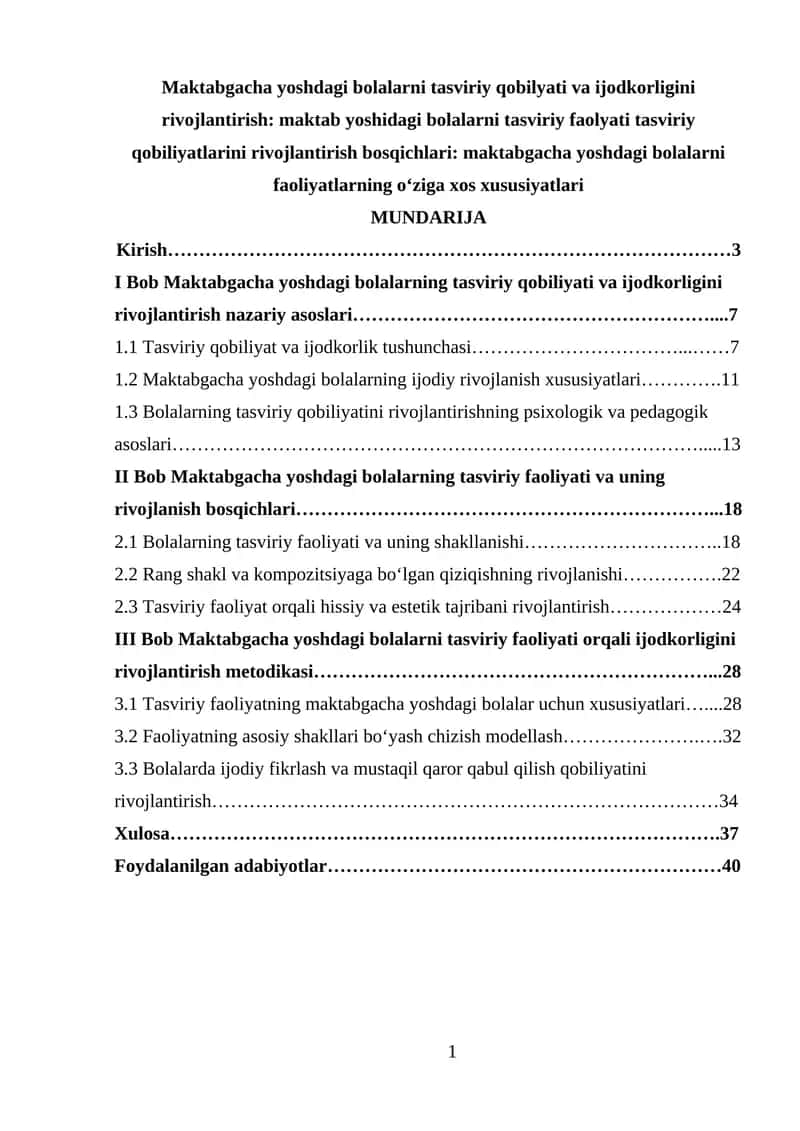 Maktabgacha yoshdagi bolalarni tasviriy qobilyati va ijodkorligini rivojlantirish 1