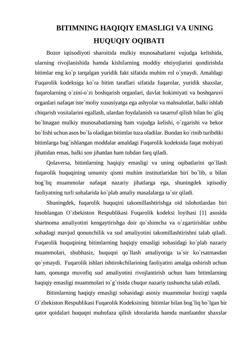 BITIMNING HAQIQIY EMASLIGI VA UNING HUQUQIY OQIBATI 1