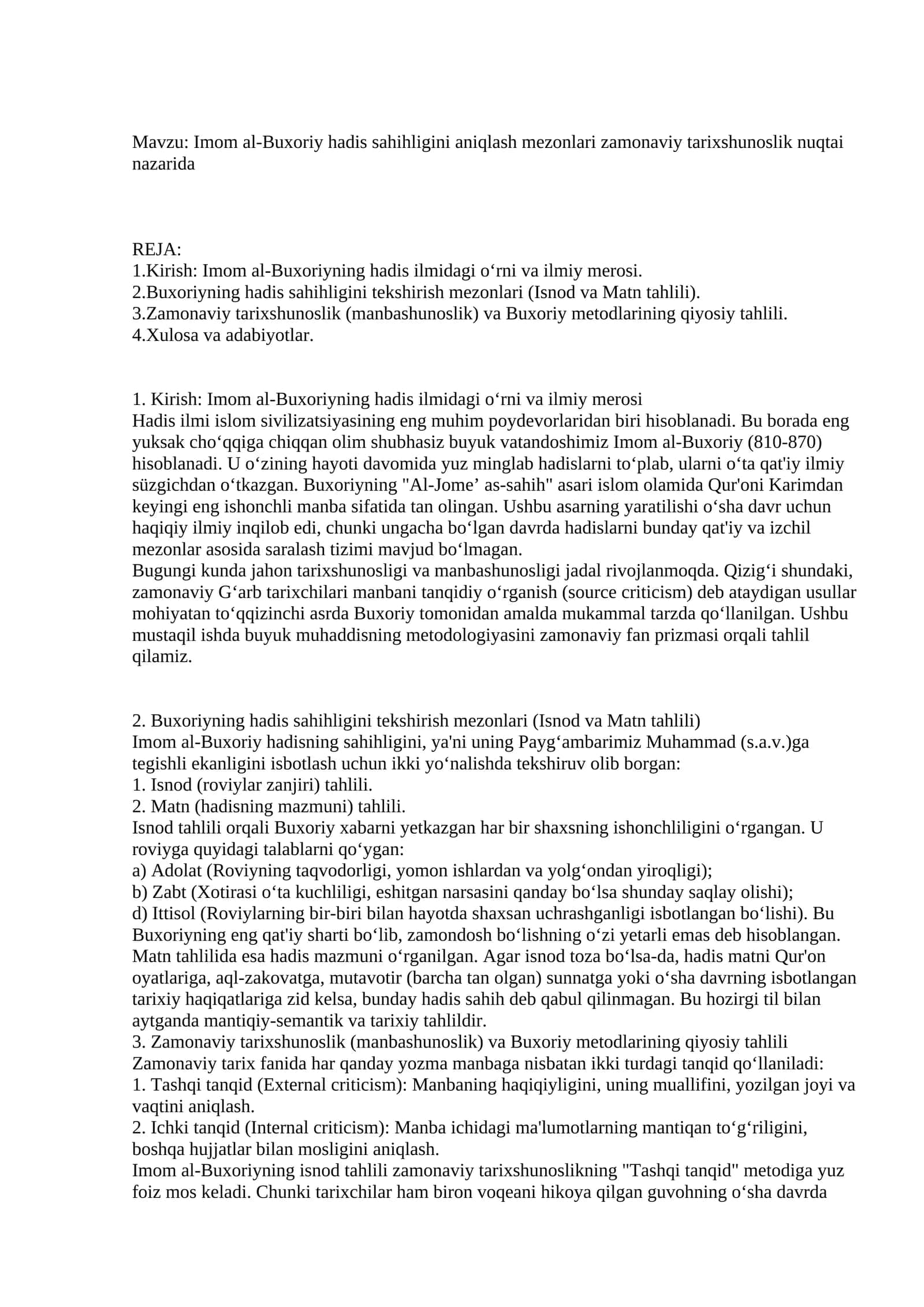 Imom al-Buxoriy hadis sahihligini aniqlash mezonlari zamonaviy tarixshunoslik nuqtai nazarida 1