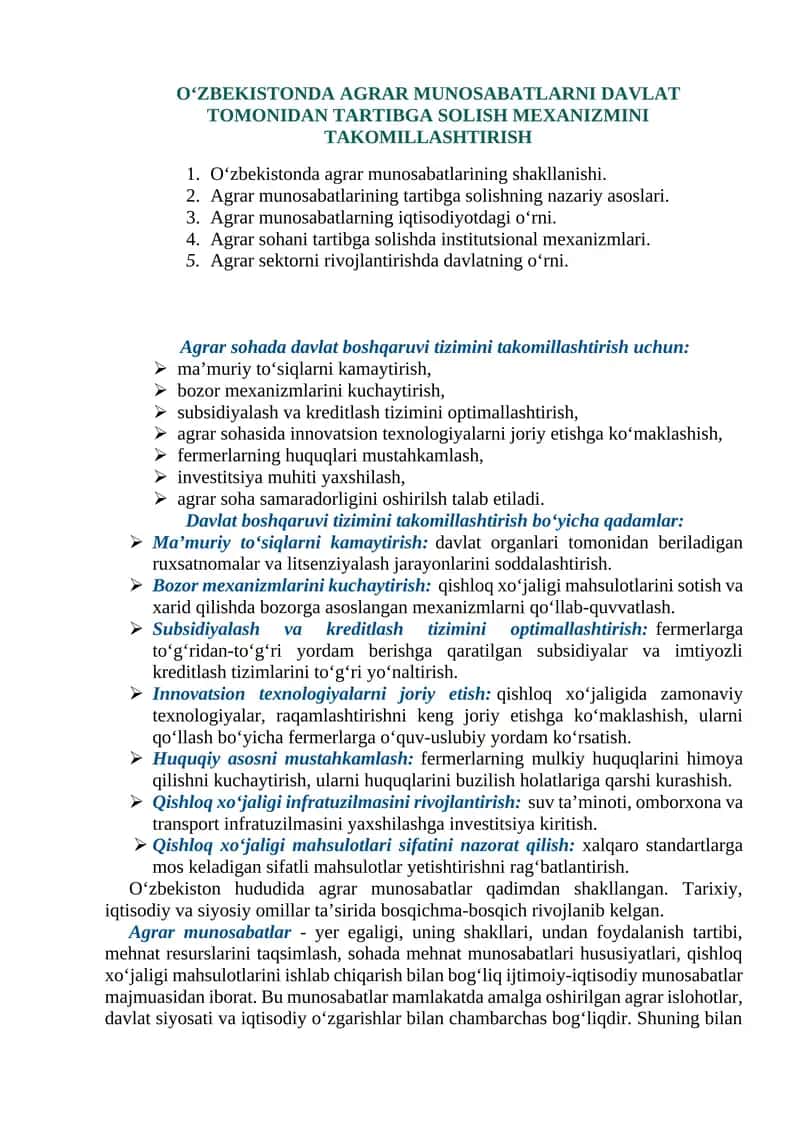 O‘ZBEKISTONDA AGRAR MUNOSABATLARNI DAVLAT TOMONIDAN TARTIBGA SOLISH MEXANIZMINI TAKOMILLASHTIRISH 1