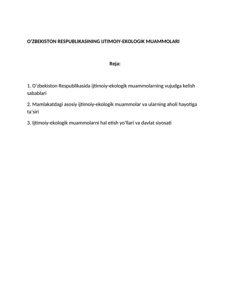 O‘zbekiston Respublikasining Ijtimoiy-Ekologik Muammolari 1