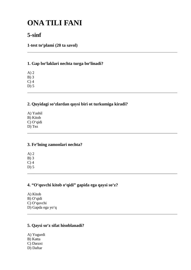 ONA TILI FANI 5-sinf 1-test to‘plami 1