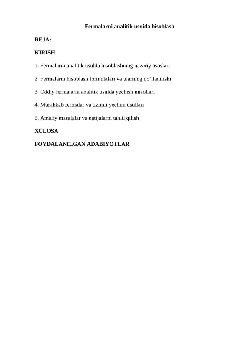 Fermalarni analitik usuida hisoblash 1