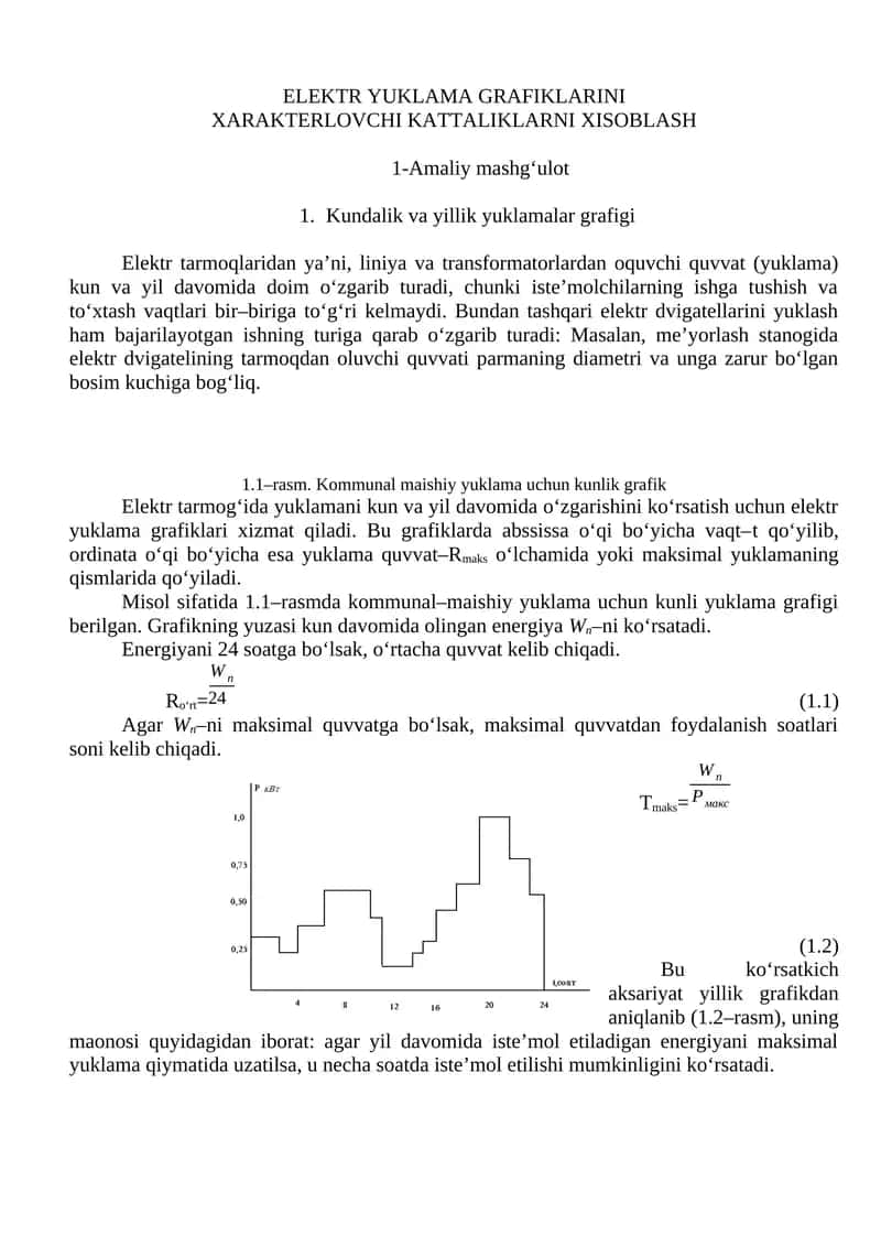 Elektr yuklama grafiklarini Xarakterlochi Kattaliklarni Xisoblash 1