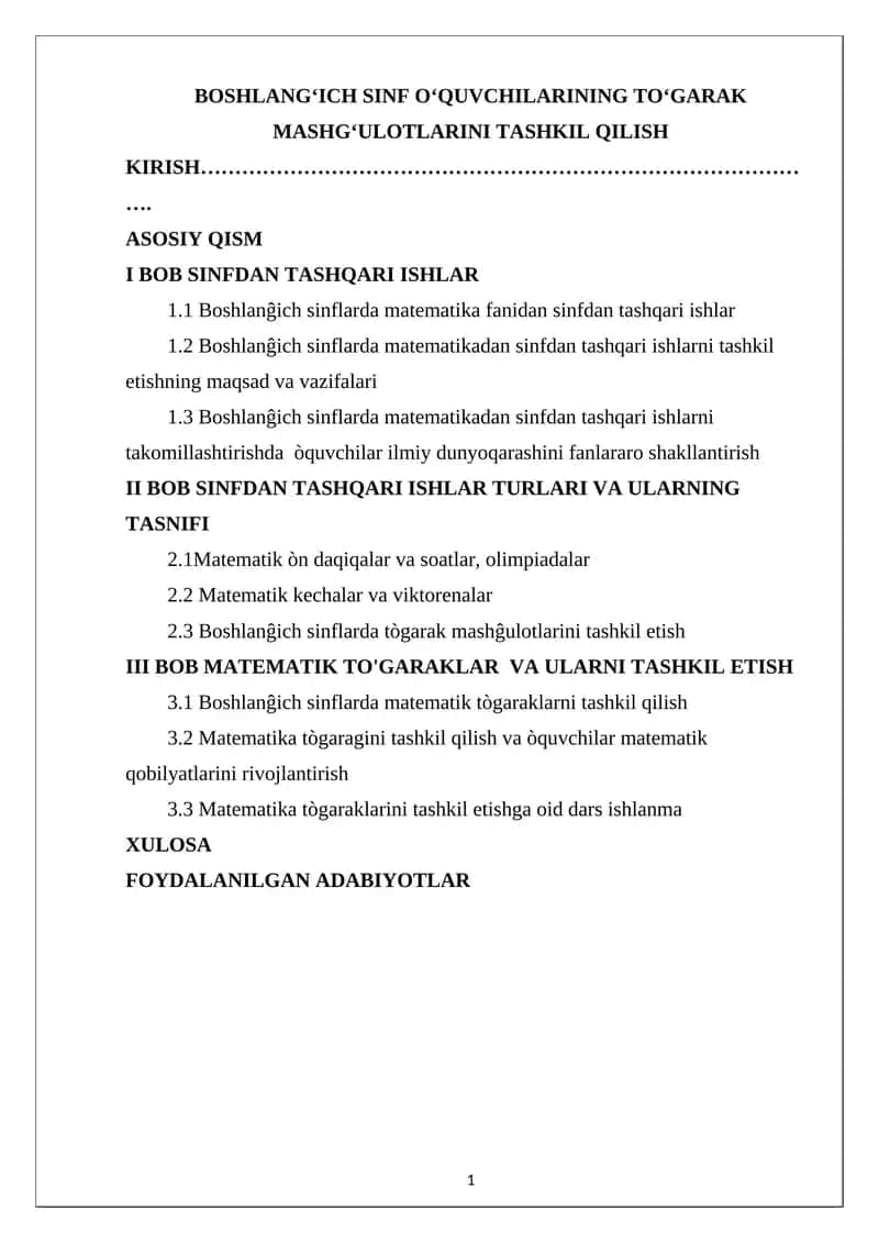 Boshlangʻich sinflarda matematikadan sinfdan tashqari ishlar 1