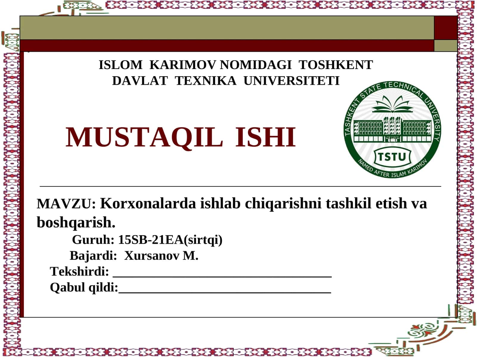 Korxonalarda ishlab chiqarishni tashkil etish va boshqarish 1