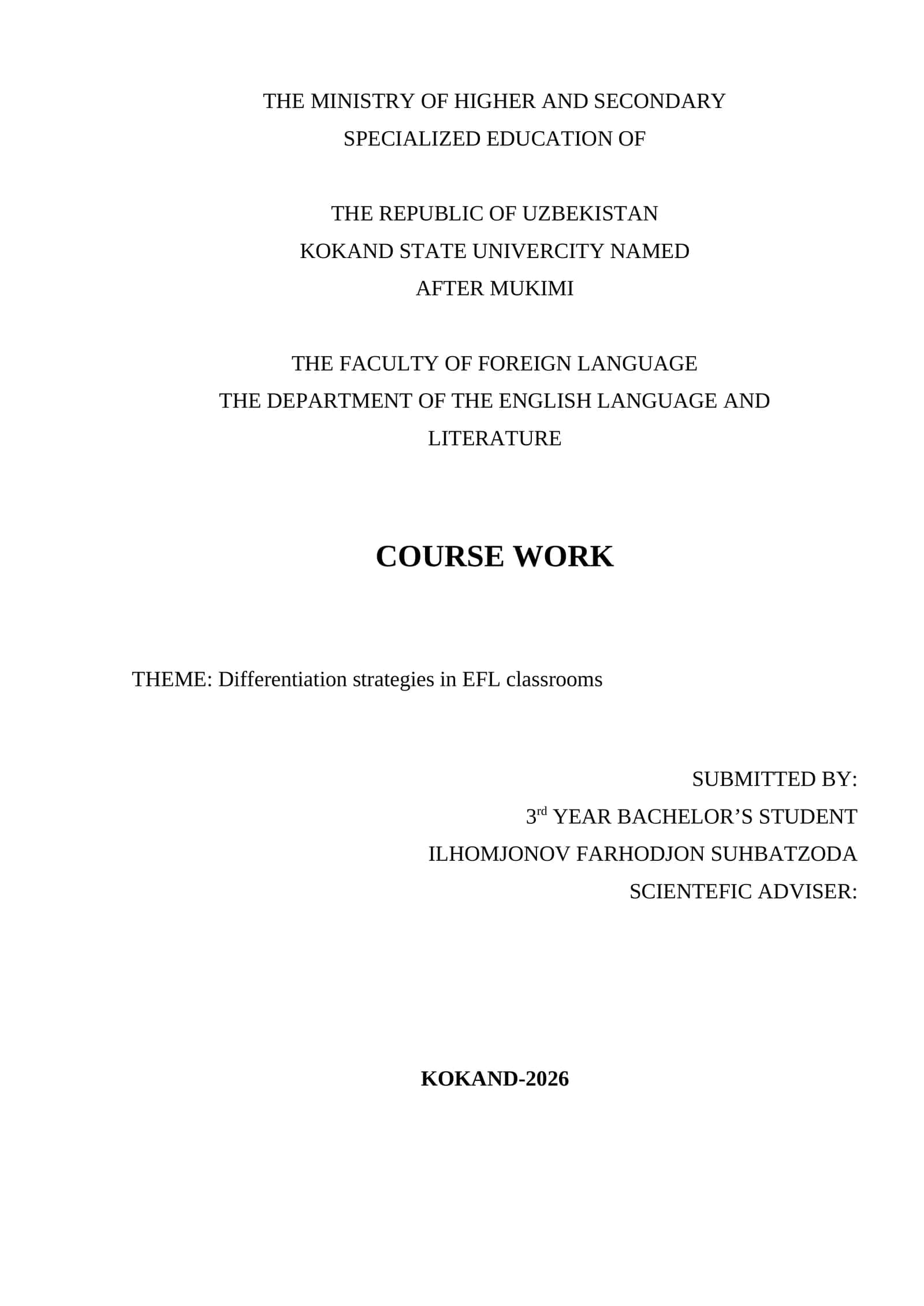 COURSE WORK: Differentiation strategies in EFL classrooms 1