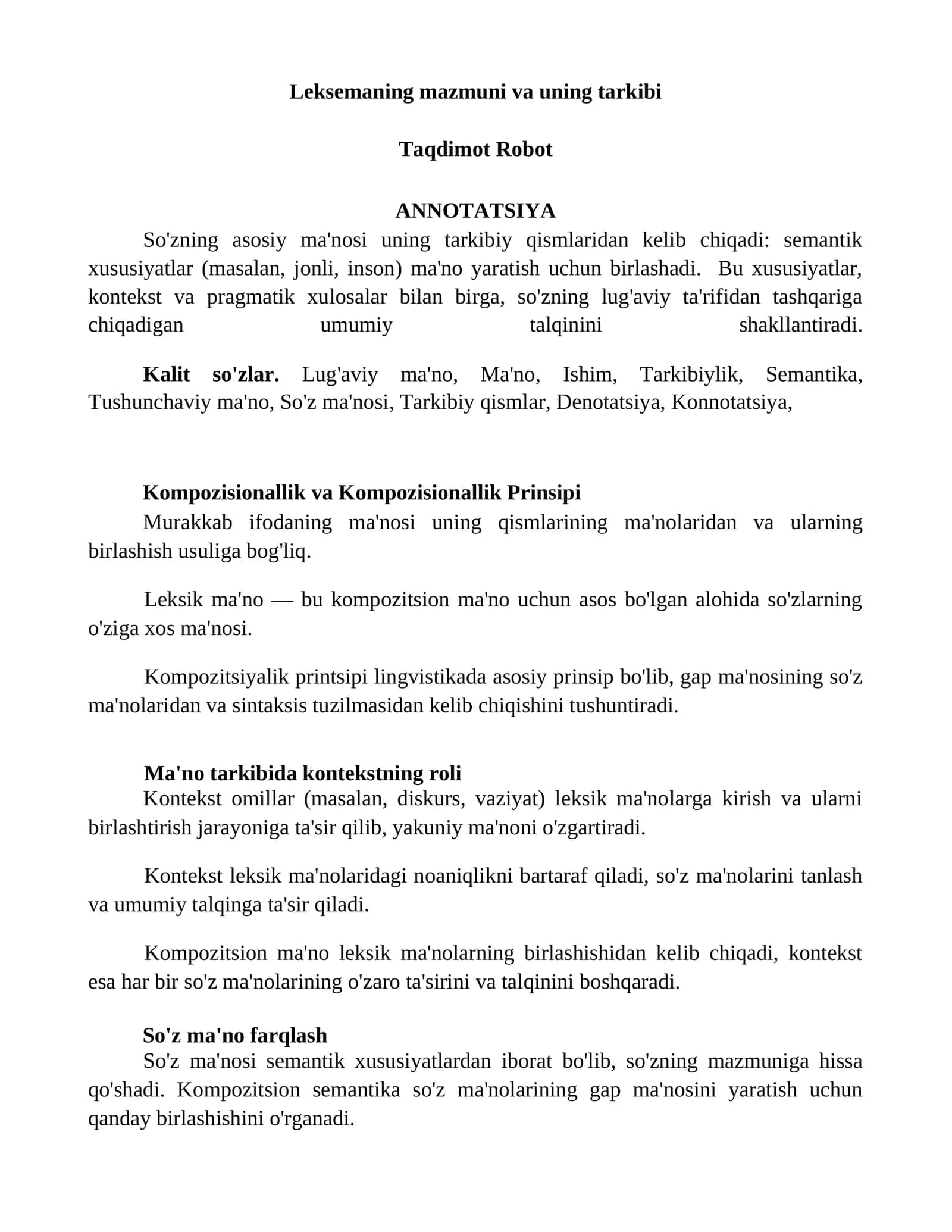 Kompozisionallik va Kompozisionallik Prinsipi 1