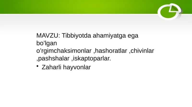 Tibbiyotda ahamiyatga ega bo’lgan o’rgimchaksimonlar ,hashoratlar ,chivinlar,pashshalar ,iskaptoparlar 1