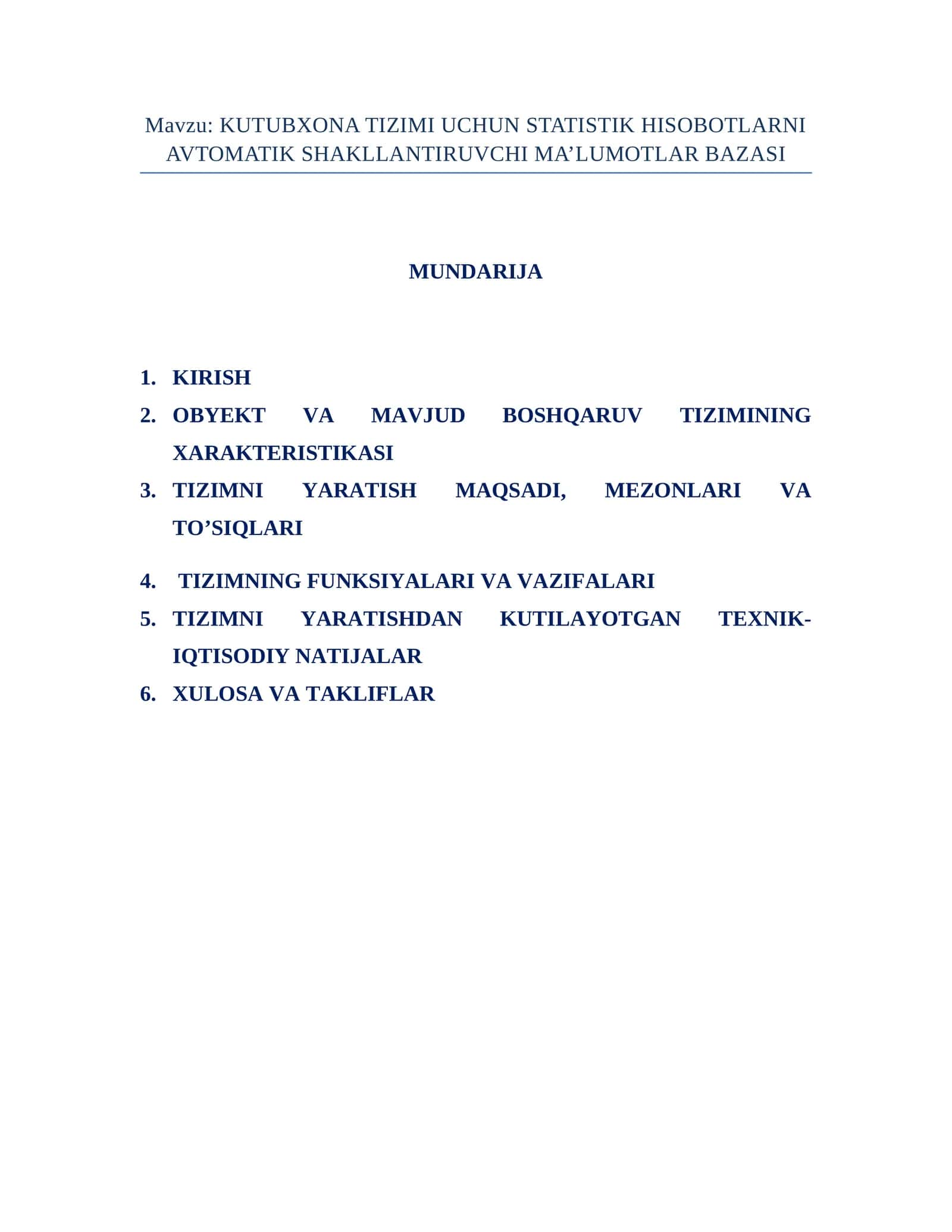 KUTUBXONA TIZIMI UCHUN STATISTIK HISOBOTLARNI AVTOMATIK SHAKLLANTIRUVCHI MA’LUMOTLAR BAZASI 1