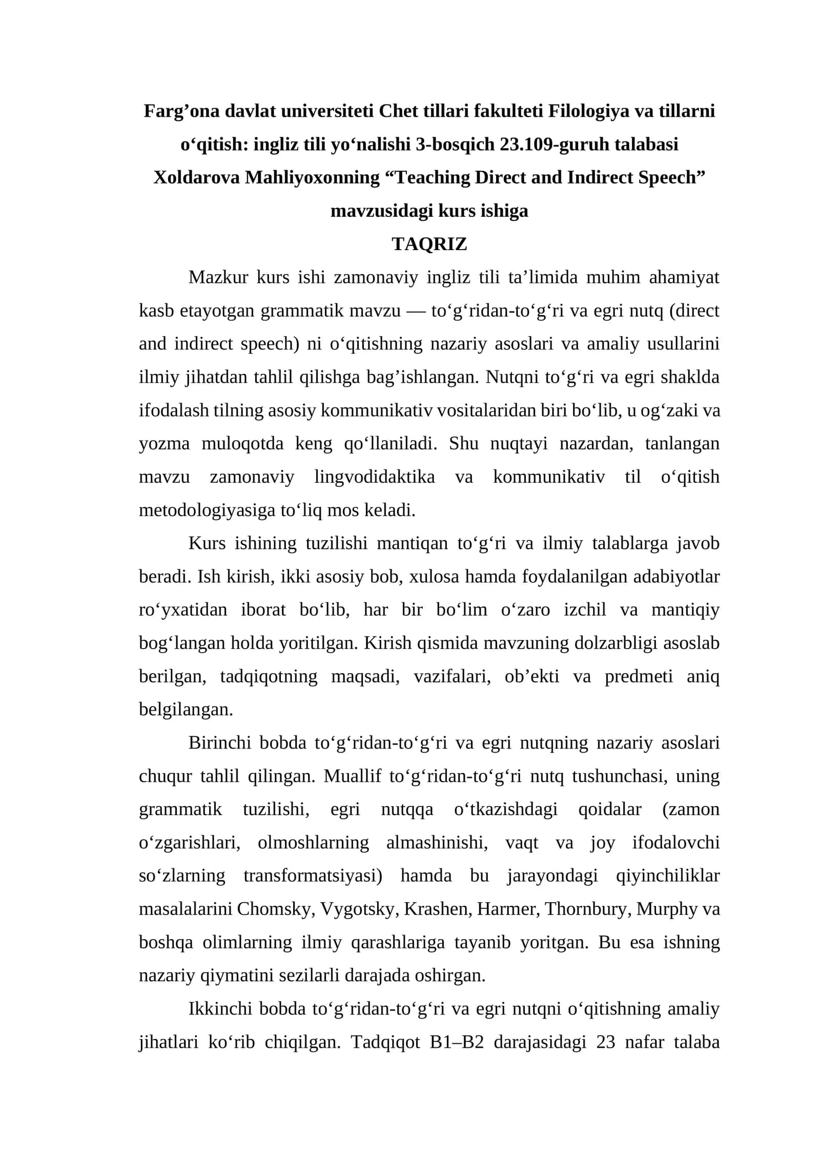 Filologiya va tillarni o‘qitish: ingliz tili yo‘nalishi 3-bosqich 23.109-guruh talabasi Xoldarova Mahliyoxonning “Teaching Direct and Indirect Speech” mavzusidagi kurs ishi 1