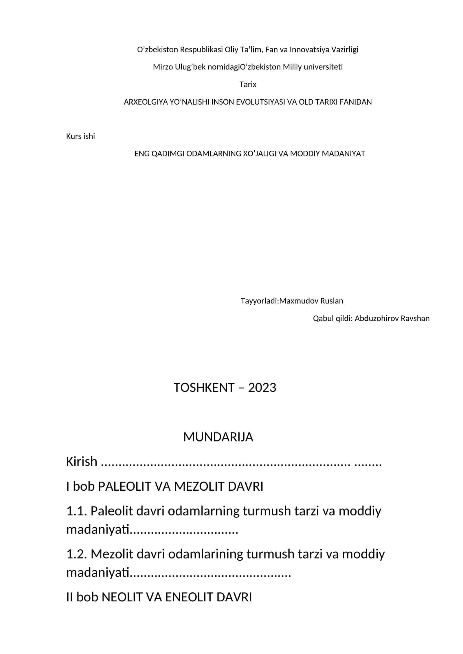 INSON EVOLUTSIYASI VA OLD TARIXI FANIDAN 1