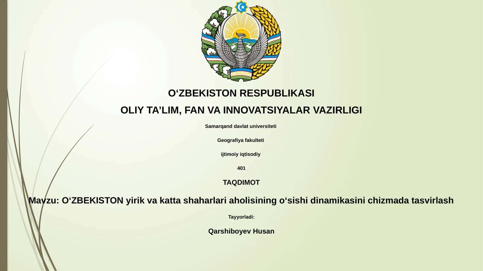 OʻZBEKISTON yirik va katta shaharlari aholisining oʻsishi dinamikasini chizmada tasvirlash 1