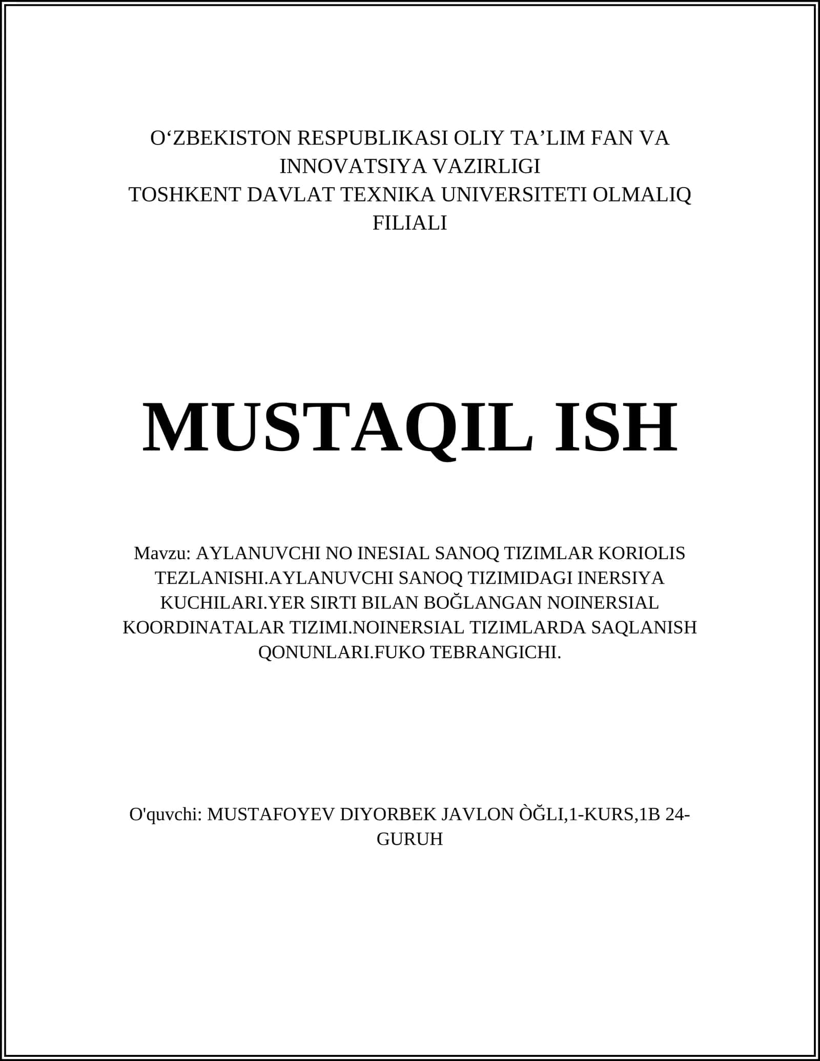 AYLANUVCHI NO INESIAL SANOQ TIZIMLAR KORIOLIS TEZLANISHI 1