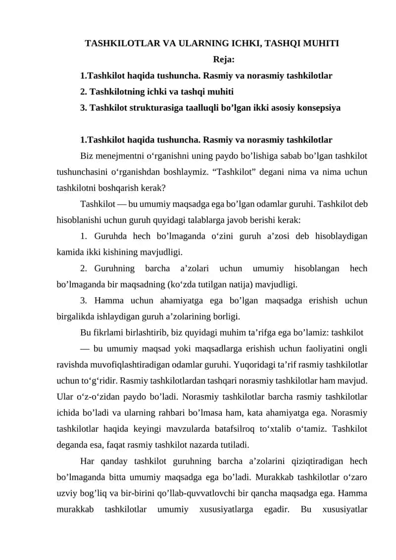 Tashkilotlar va ularning ichki, tashqi muhiti 1