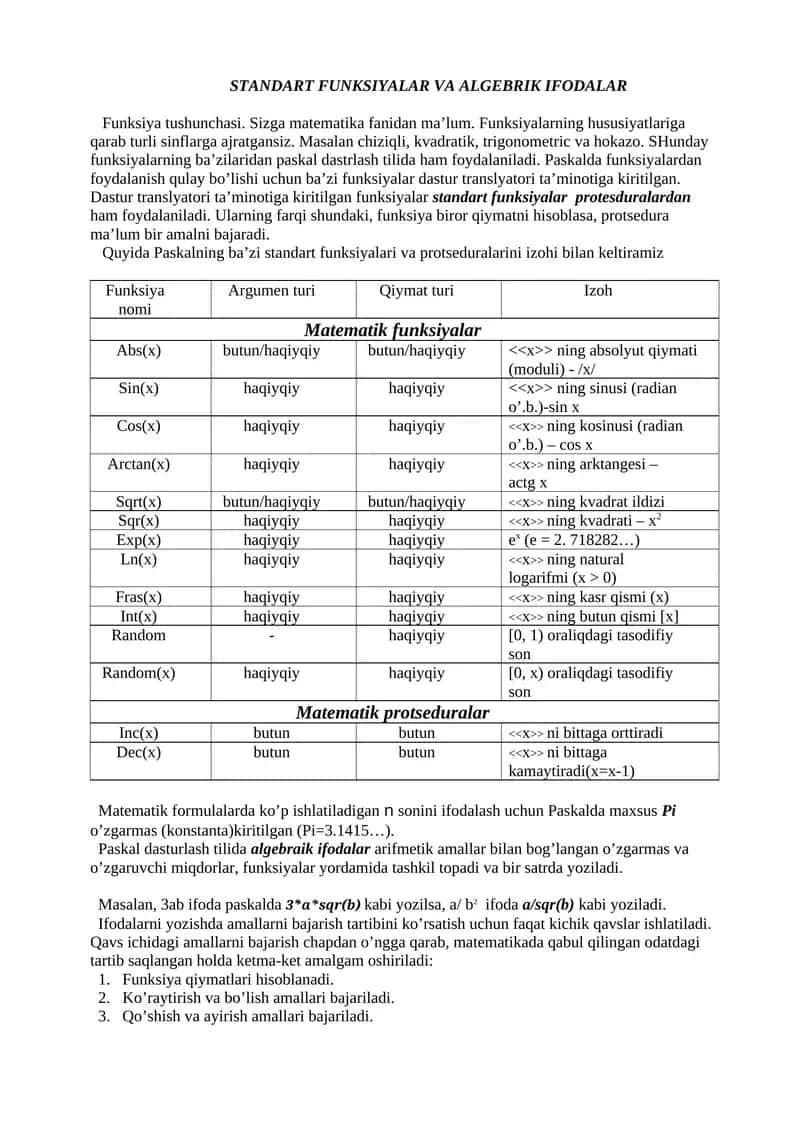 STANDART FUNKSIYALAR VA ALGEBRIK IFODALAR 1