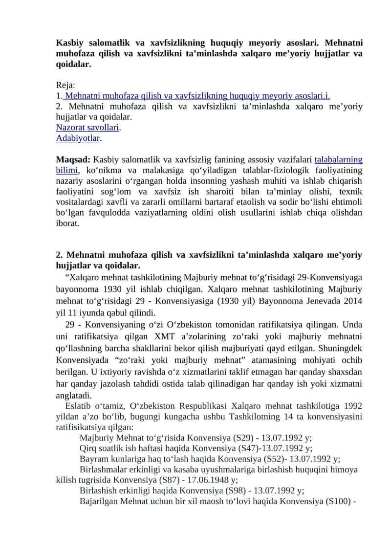 Mehnatni muhofaza qilish va xavfsizlikning huquqiy meyoriy asoslari 1