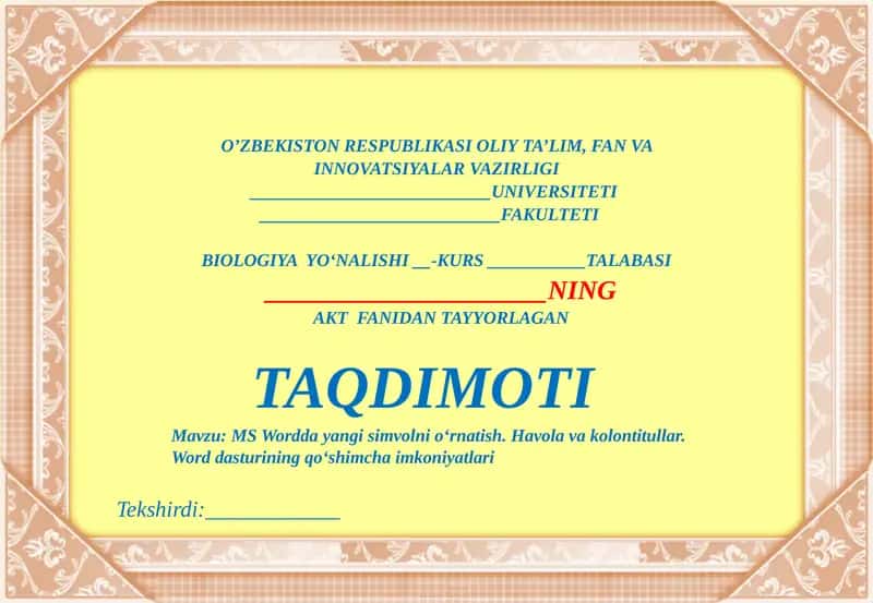 MSWordda yangi simvolni o‘rnatish. Havola va kolontitullar 1