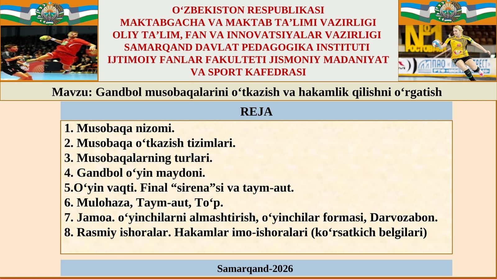 Gandbolmusobaqalarini o‘tkazish va hakamlik qilishni o‘rgatish 1
