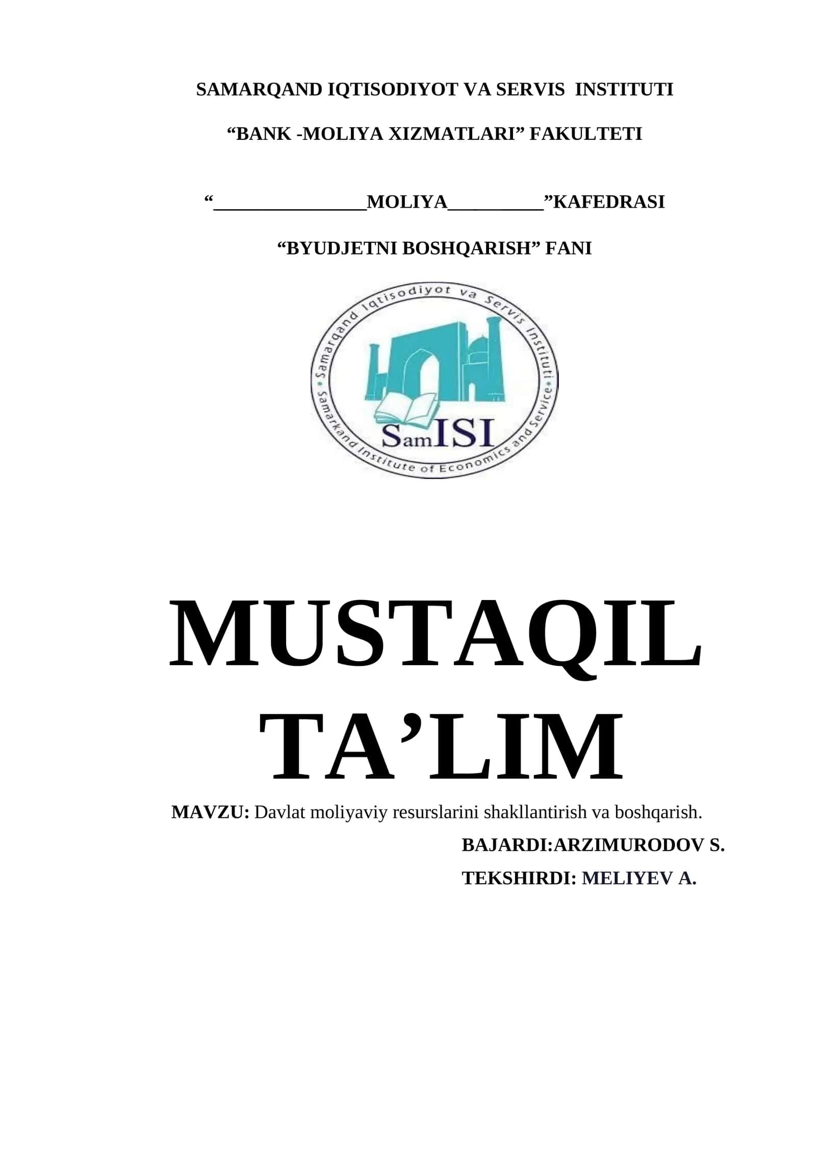 Davlat moliyaviy resurslarini shakllantirish va boshqarish 1