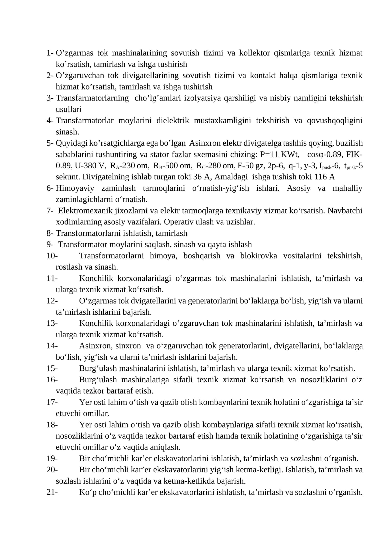 O’zgarmas tok mashinalarining sovutish tizimi va kollektor qismlariga texnik hizmat ko’rsatish, tamirlash va ishga tushirish 1