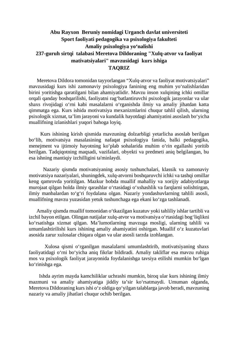 "Xulq-atvor va faoliyat mativatsiyalari" kurs ishi 1
