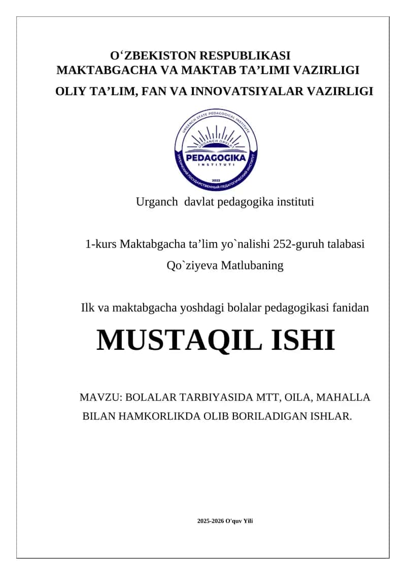 BOLALAR TARBIYASIDA MTT, OILA, MAHALLA BILAN HAMKORLIKDA OLIB BORILADIGAN ISHLAR 1