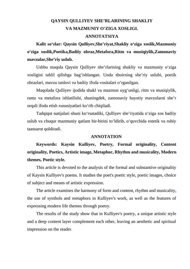 QAYSIN QULLIYEV SHEʼRLARINING SHAKLIY VA MAZMUNIY OʻZIGA XOSLIGI. 1