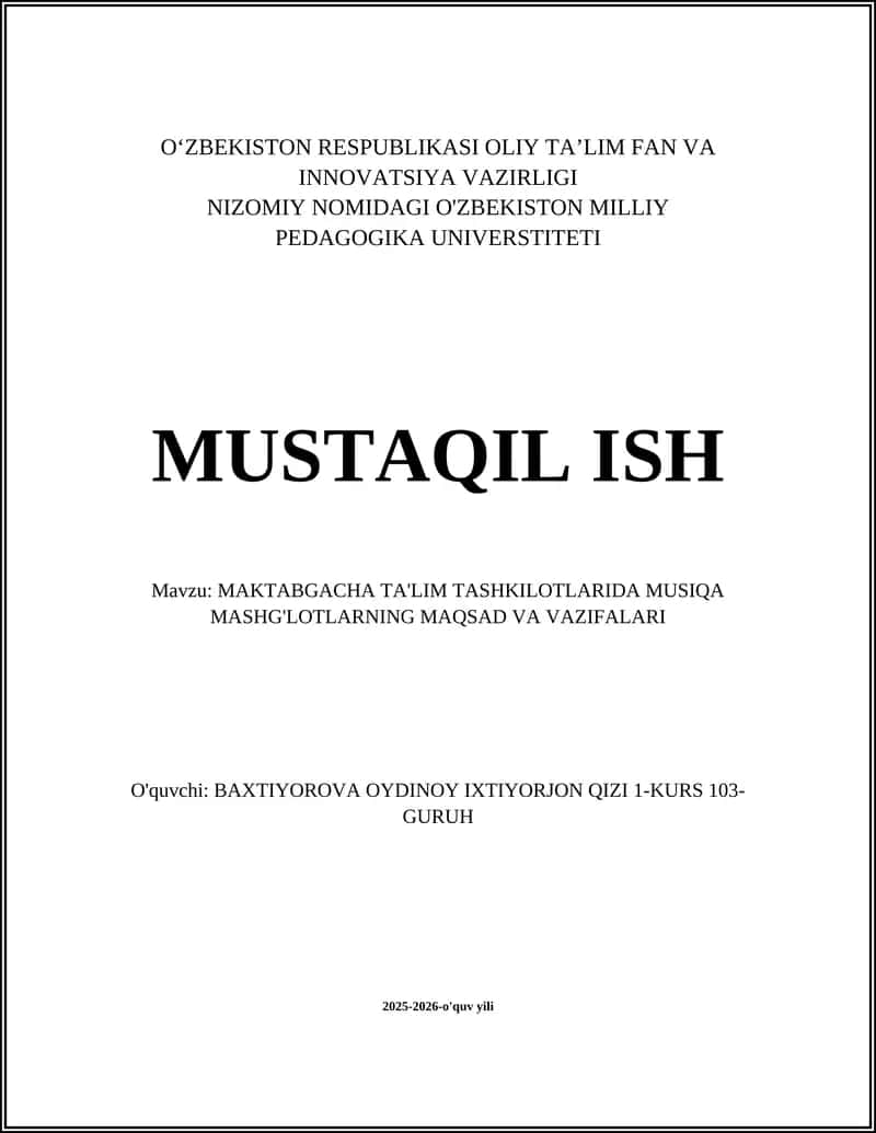 MAKTABGACHA TA'LIM TASHKILOTLARIDA MUSIQA MASHG'LOTLARNING MAQSAD VA VAZIFALARI 1