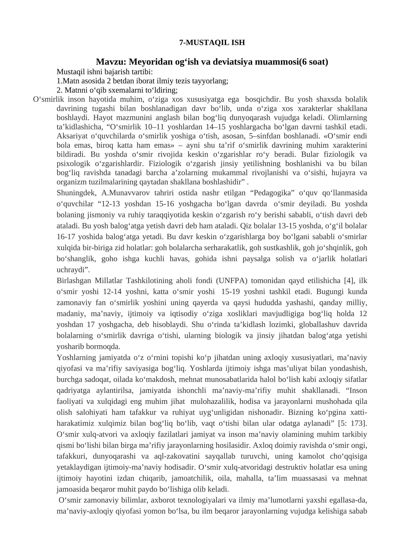 Meyoridan og‘ish va deviatsiya muammosi 1