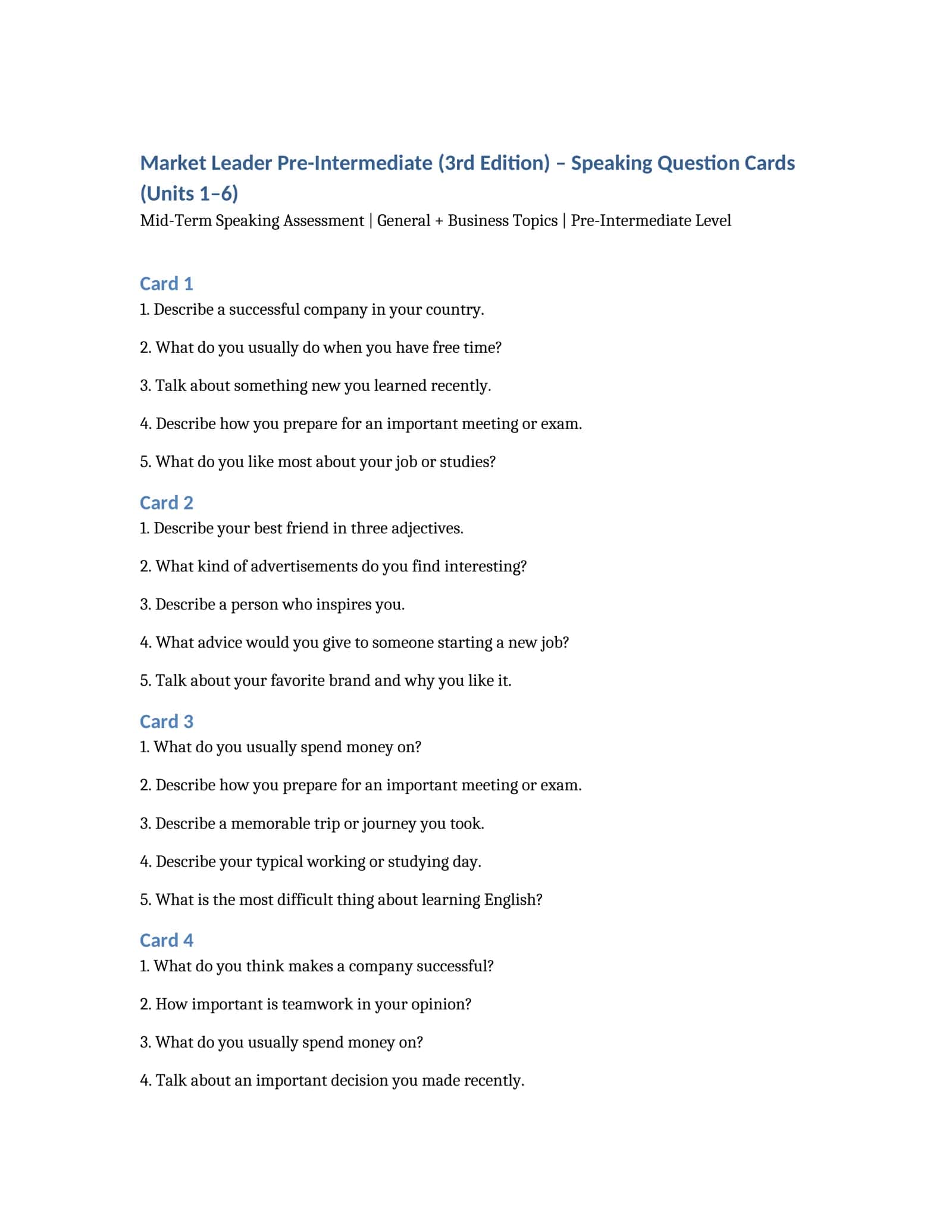 Mid-Term Speaking Assessment | General + Business Topics | Pre-Intermediate Level 1