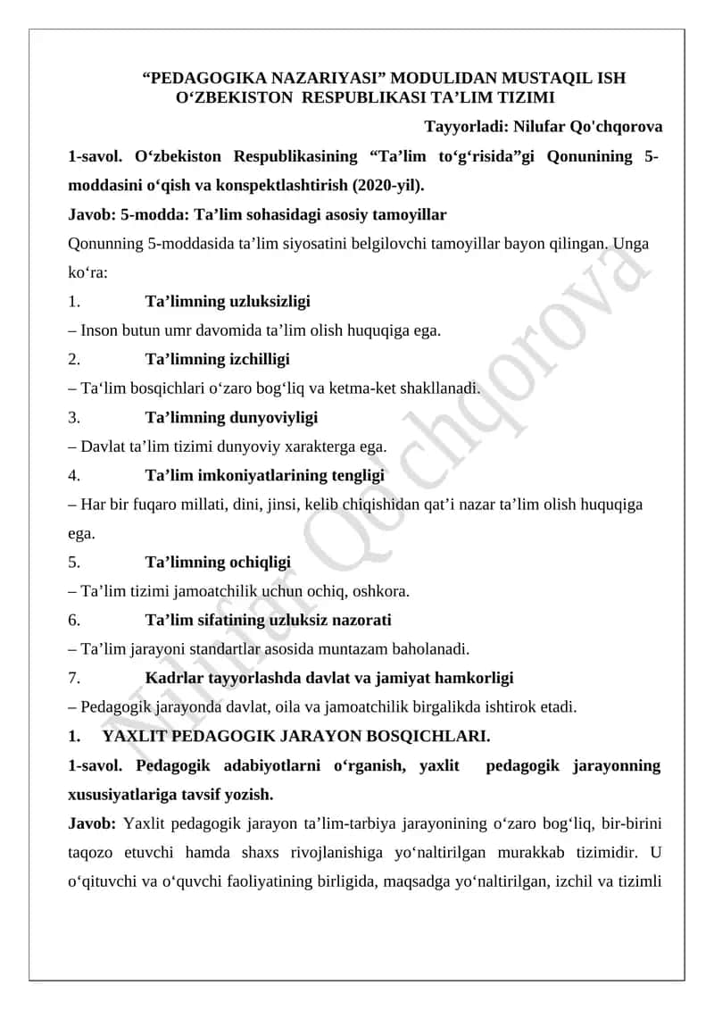 PEDAGOGIKA NAZARIYASI MODULIDAN MUSTAQIL ISH 1