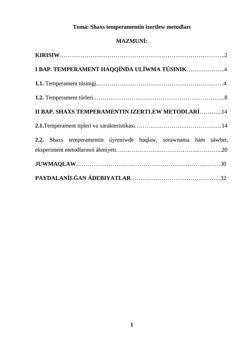 KURS JUMISI SHAXS TEMPERAMENTIN IZERTLEW METODLARI 1