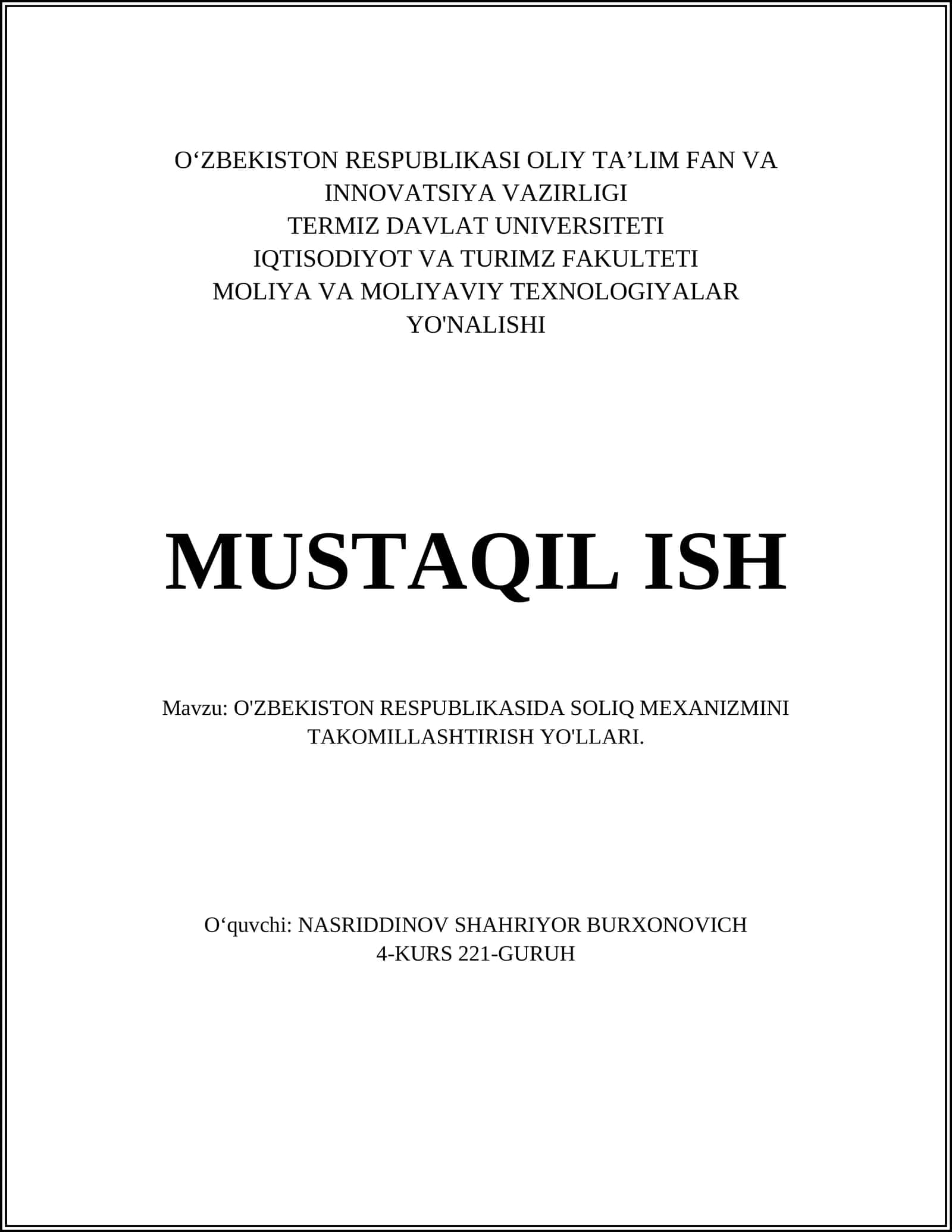 O'ZBEKISTON RESPUBLIKASIDA SOLIQ MEXANIZMINI TAKOMILLASHTIRISH YO'LLARI 1